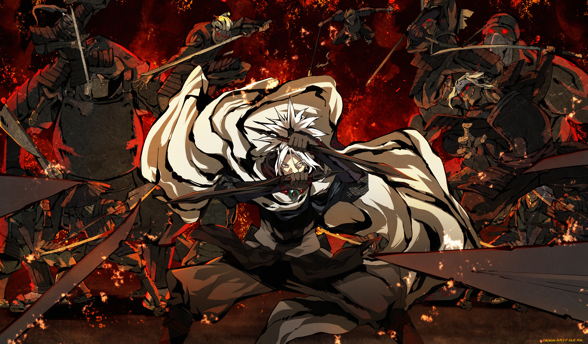 аниме, kajiri, kamui, kagura, пояс, плащ, оружие, мужчина, kyougetsu, keishirou, g, yuusuke, клинки, накидка, кимоно, доспех, мерцание, катана, зомби, битва, воин