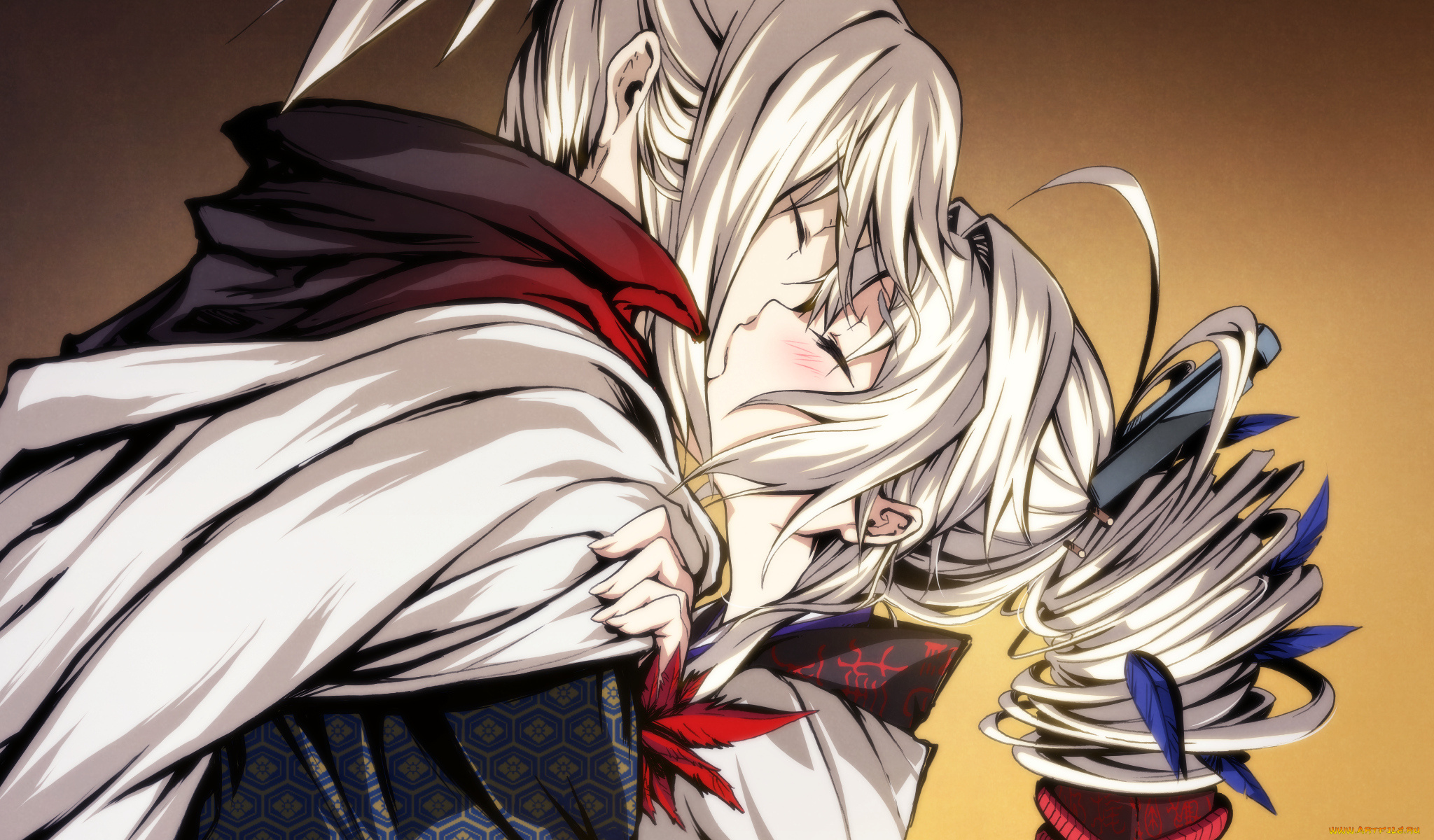 аниме, kajiri, kamui, kagura, заколка, kyougetsu, sakuya, keishirou, g, yuusuke, шарф, кимоно, перья, поцелуй, мужчина, девушка