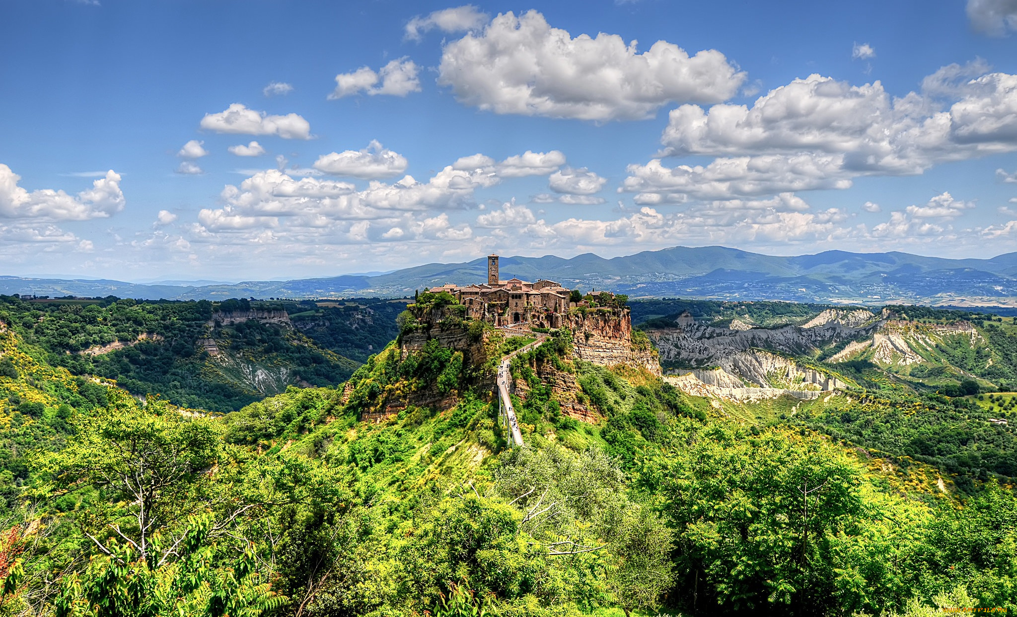 civita, di, bagnoregio, города, -, пейзажи, деревня, дорога, холм, плато