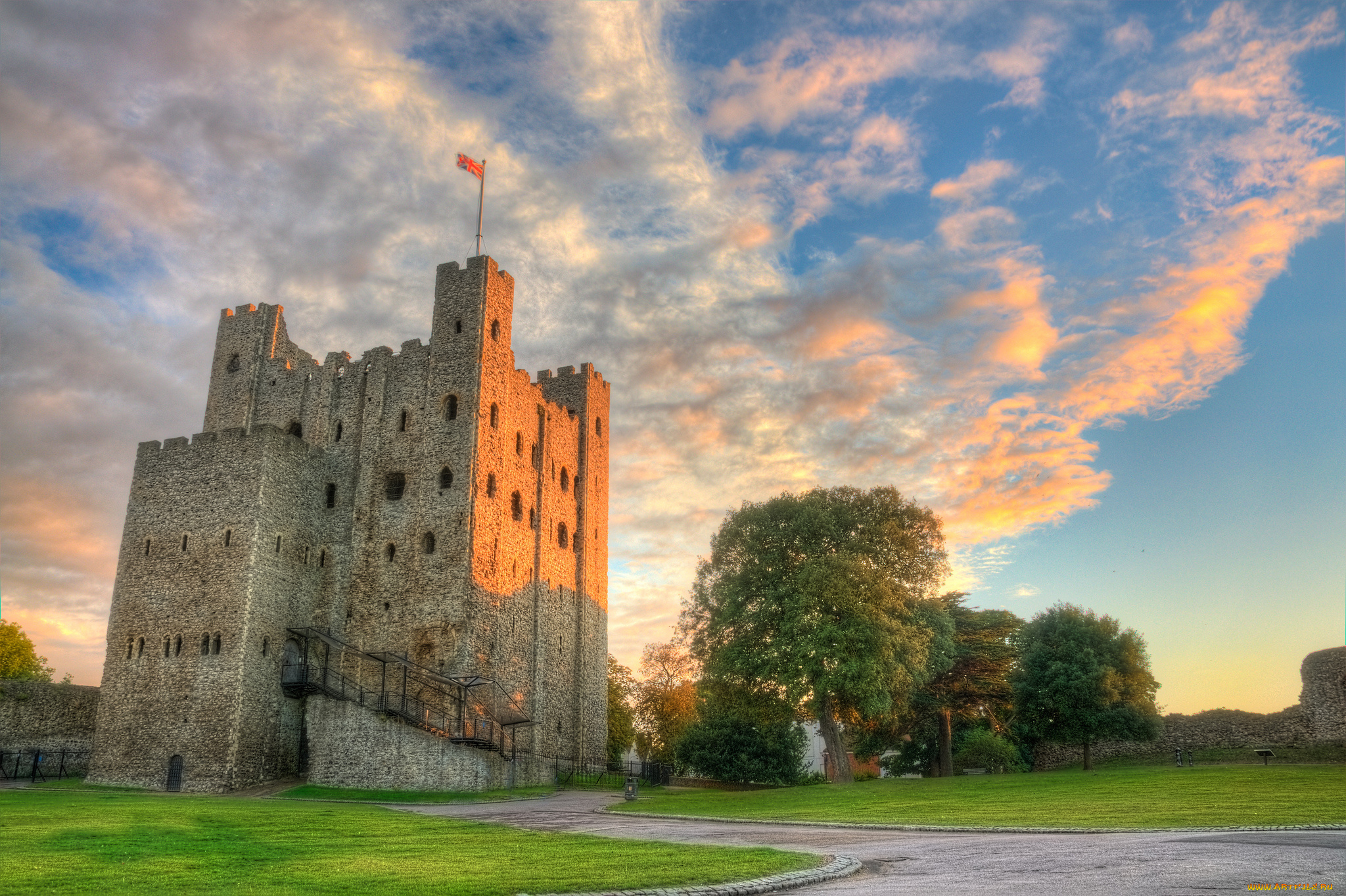 rochester, castle, города, замки, англии, поле, дорога, замок
