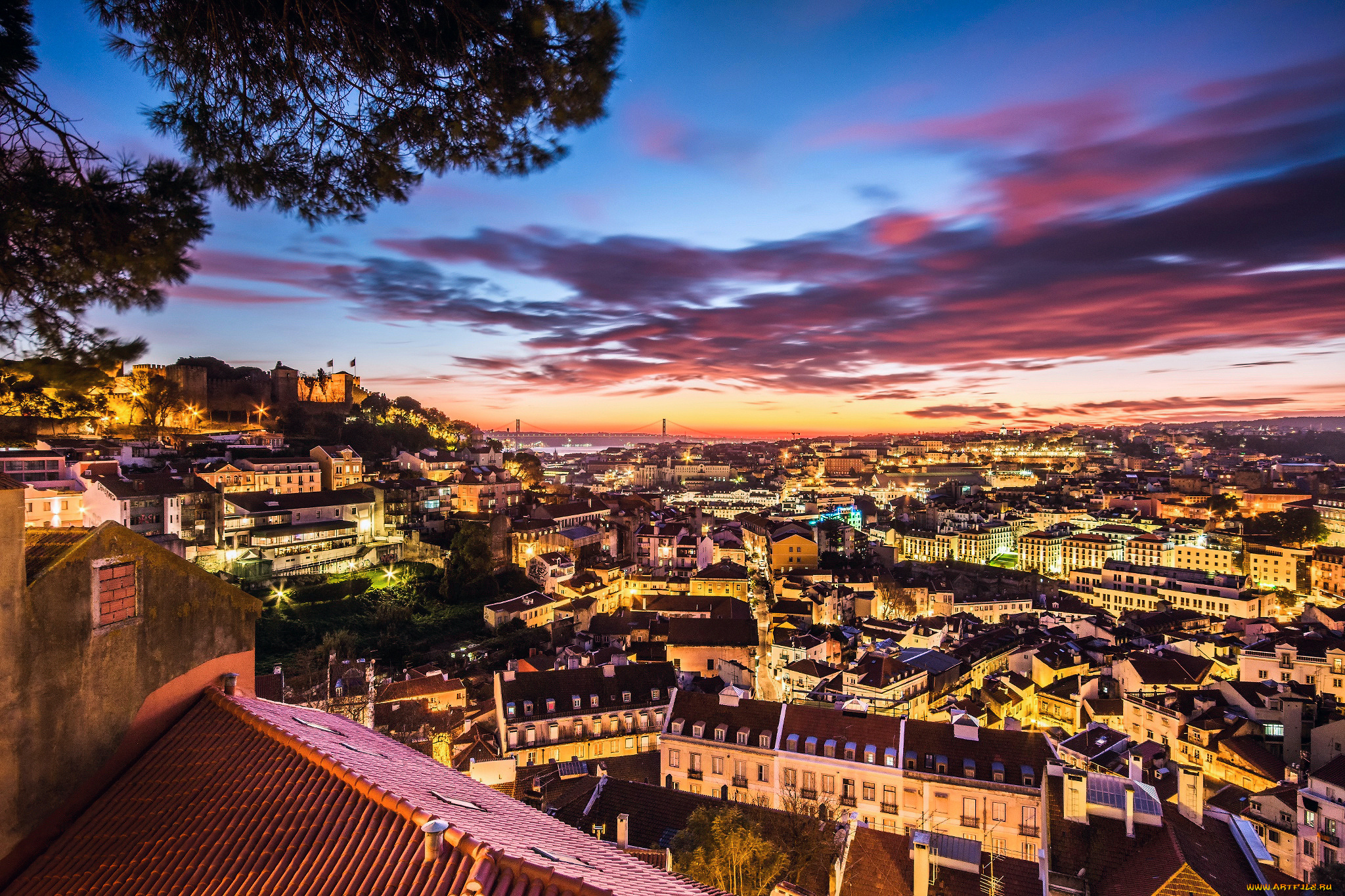 города, лиссабон, , португалия, огни, дома, вечер, лиссабон, город