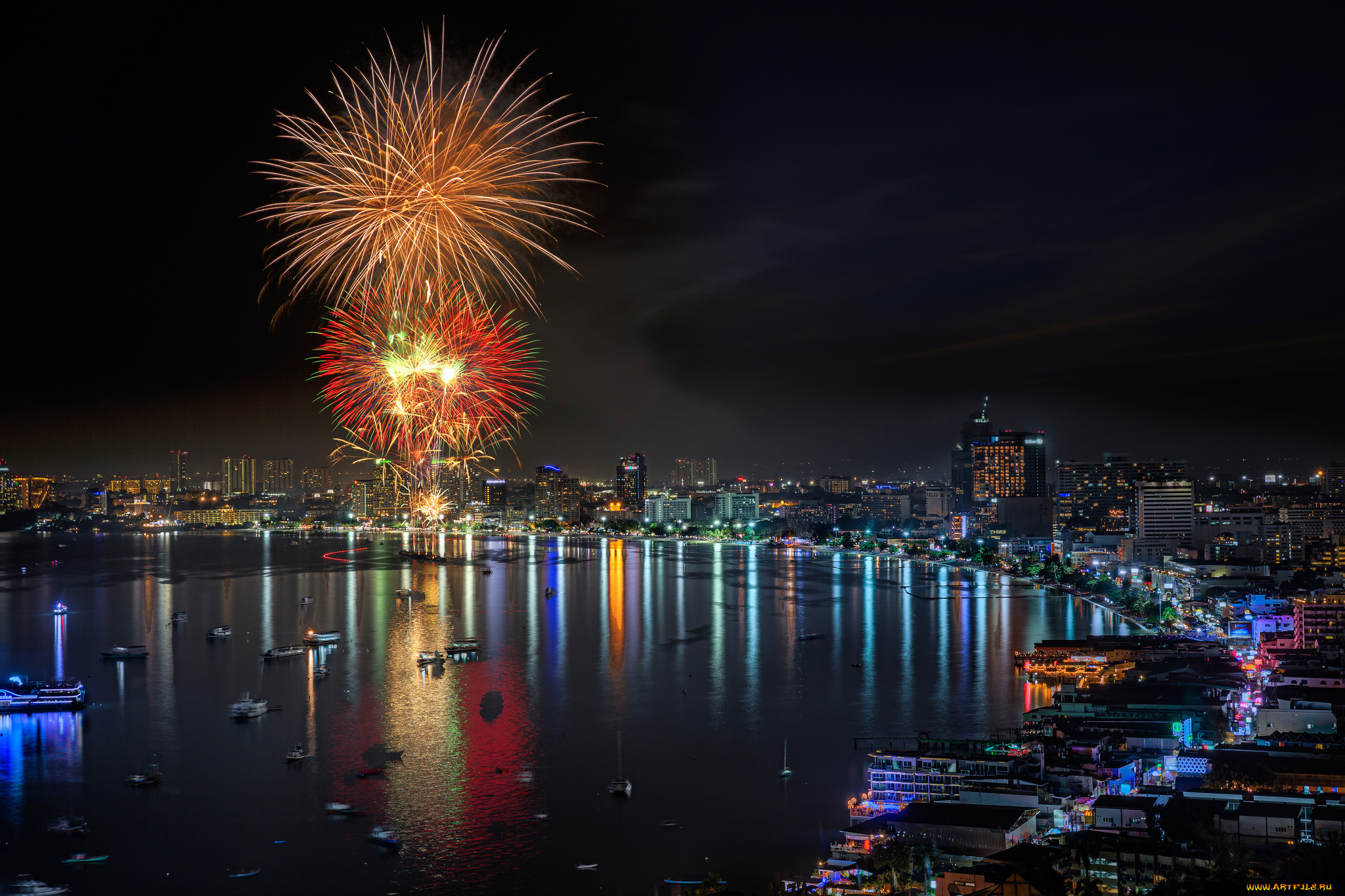 pattaya, beach, , thailand, города, -, огни, ночного, города, фейерверк, залив, ночь