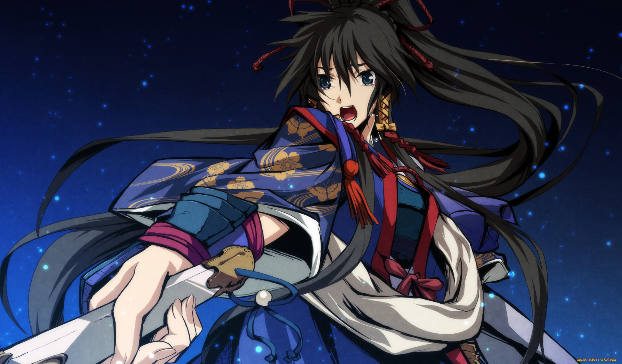 аниме, kajiri, kamui, kagura, девушка, веер, кимоно, шнурок, ночь, мерцание, украшение, свет, g, yuusuk, koga, rindou