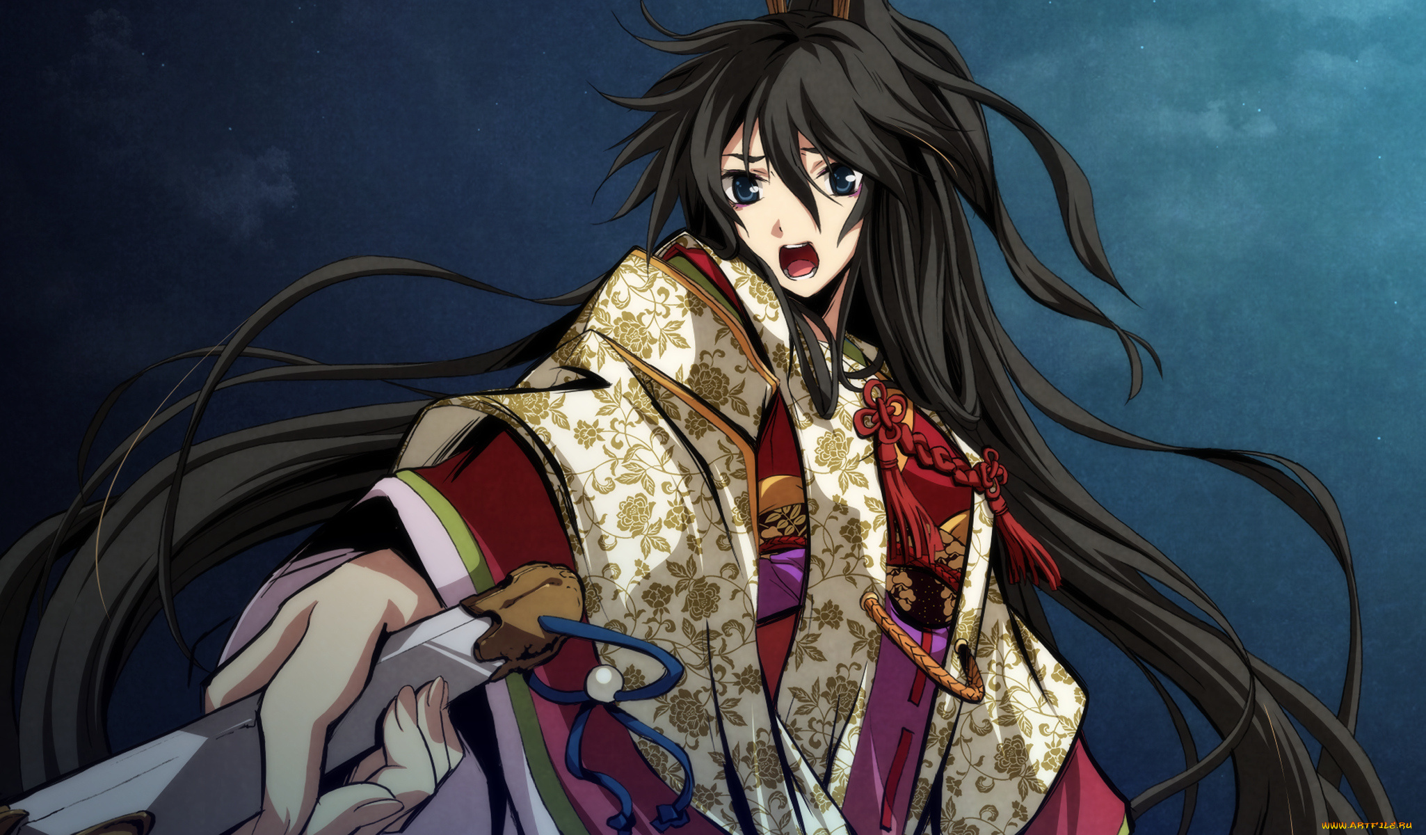 аниме, kajiri, kamui, kagura, ночь, веер, кимоно, девушка, koga, rindou, g, yuusuk, свет, украшение