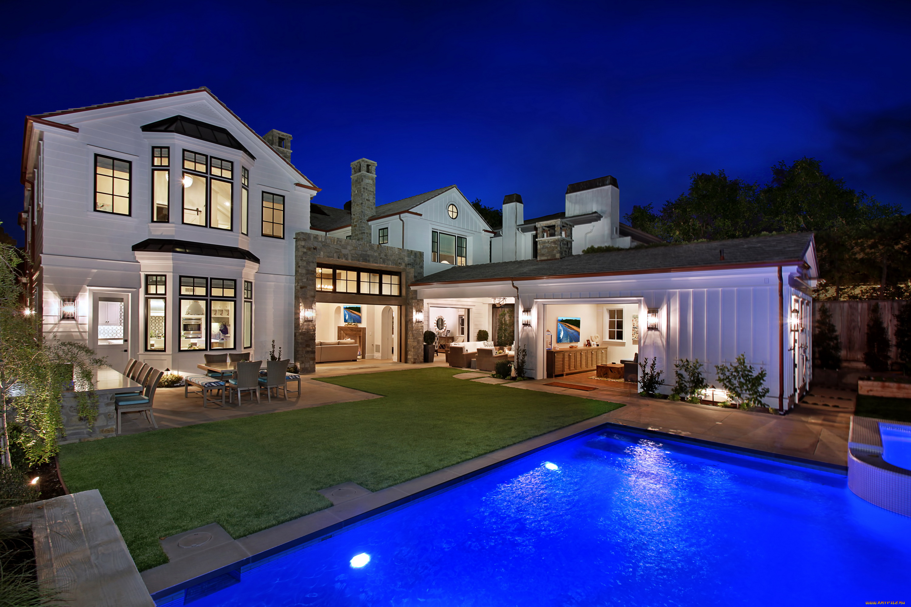 города, -, здания, , дома, дома, особняк, ночь, бассейн, газон