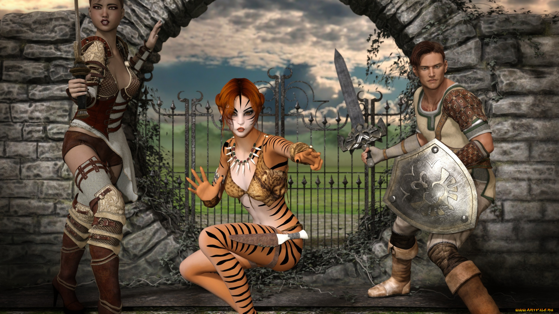 3д, графика, фантазия, , fantasy, девушка, парень, оружие, фон, взгляд