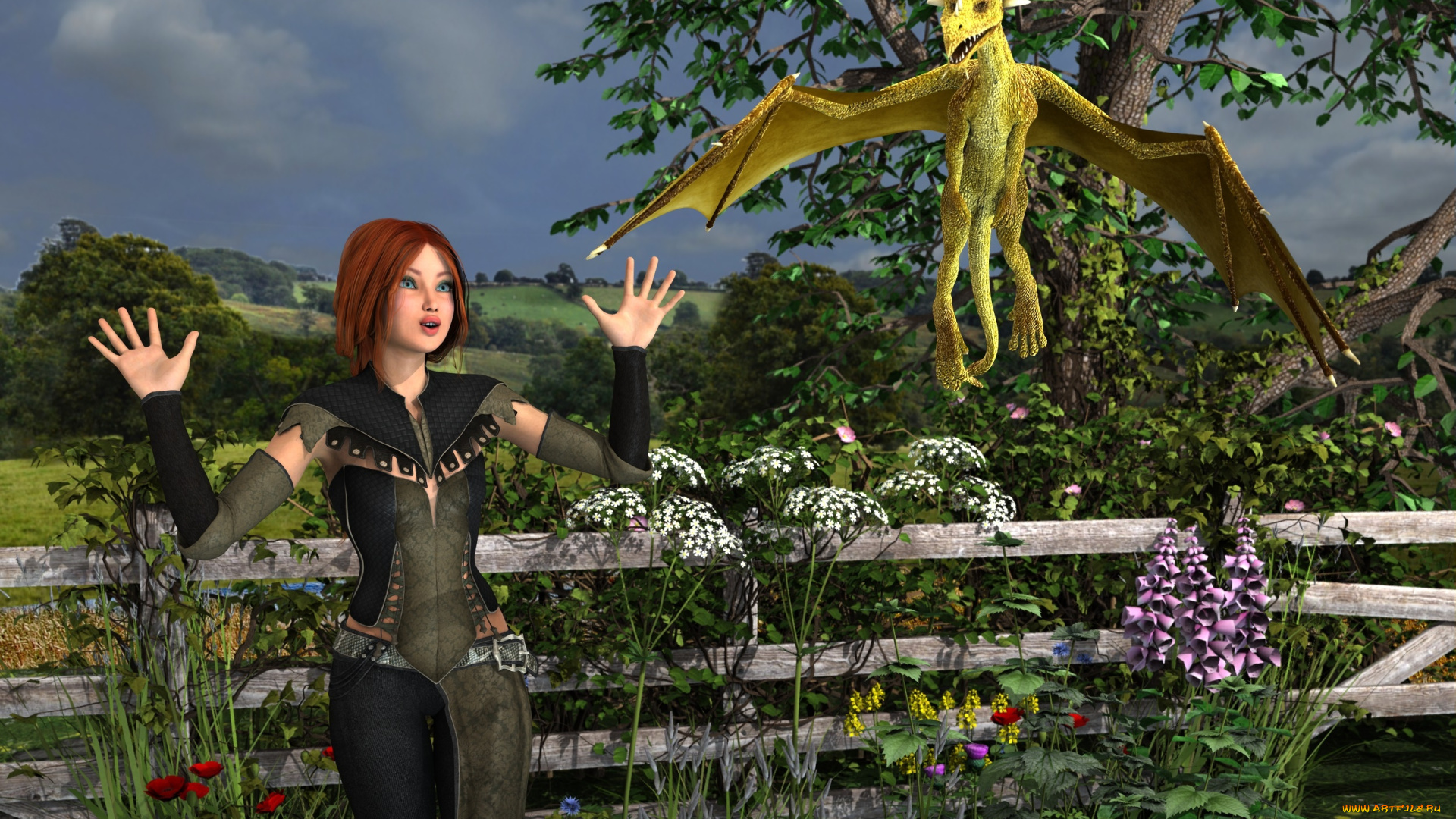 3д, графика, фантазия, , fantasy, дракон, фон, взгляд, девушка