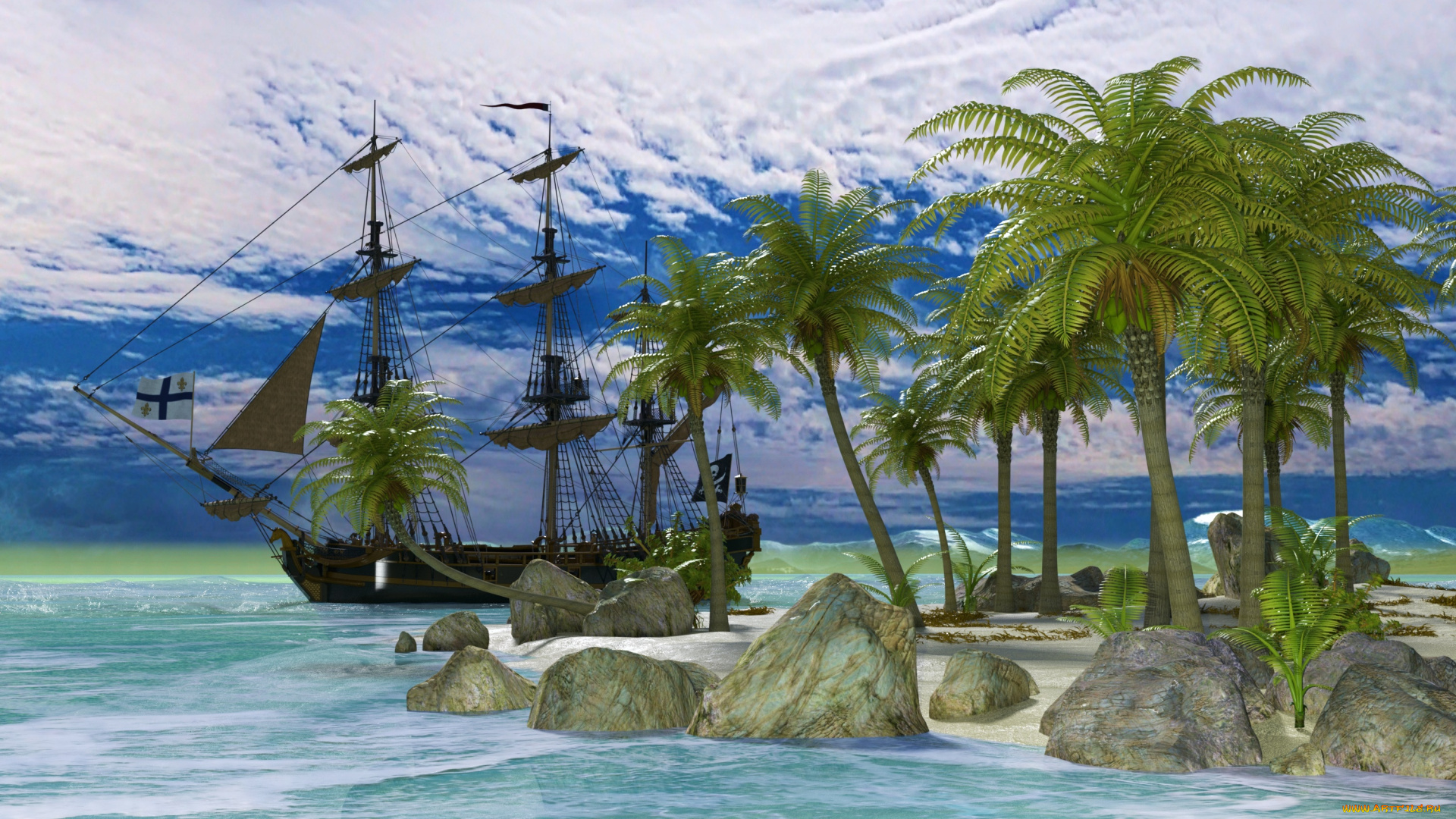 3д, графика, море, , sea, парусник, волны, облака, море