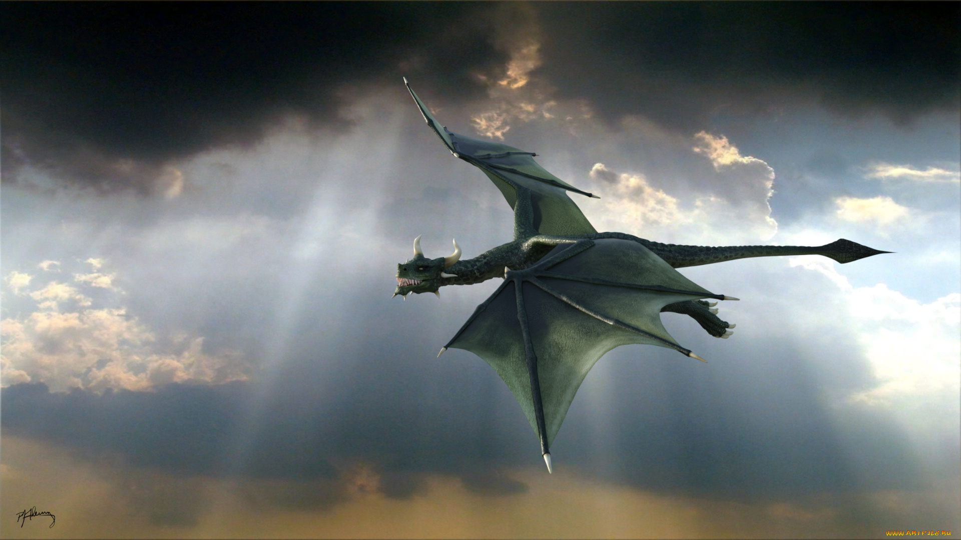 3д, графика, существа, , creatures, дракон, фон, полет