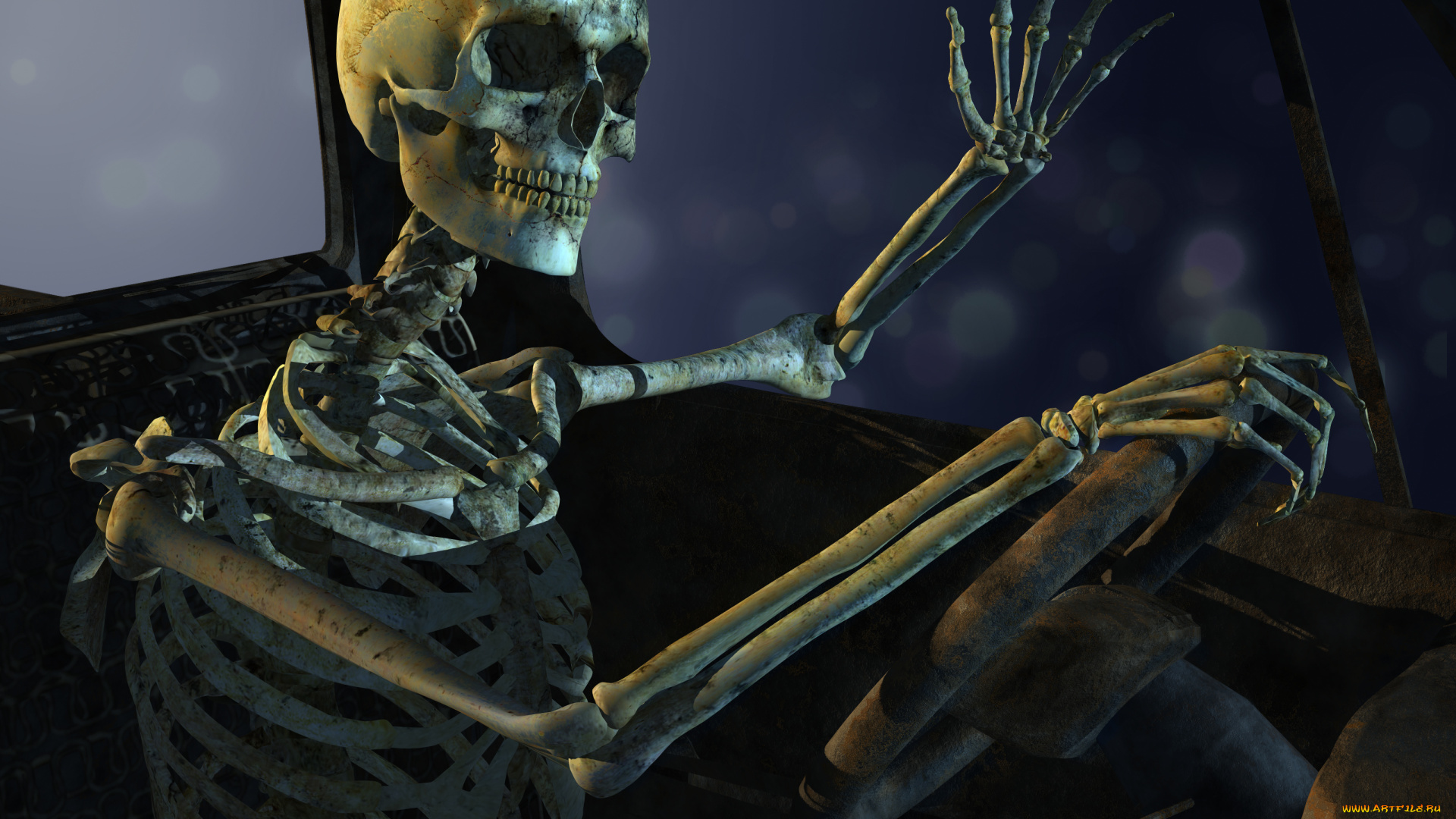 3д, графика, ужас, , horror, сидя, череп, кости, поза