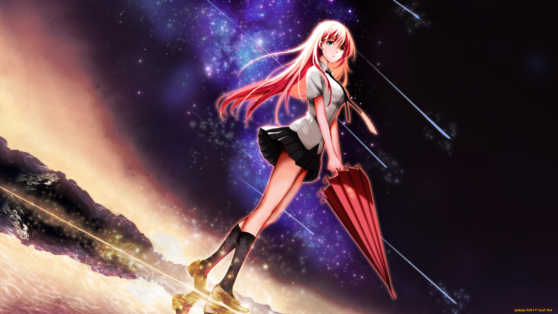 аниме, unknown, , другое, девушка, взгляд, фон, зонтик