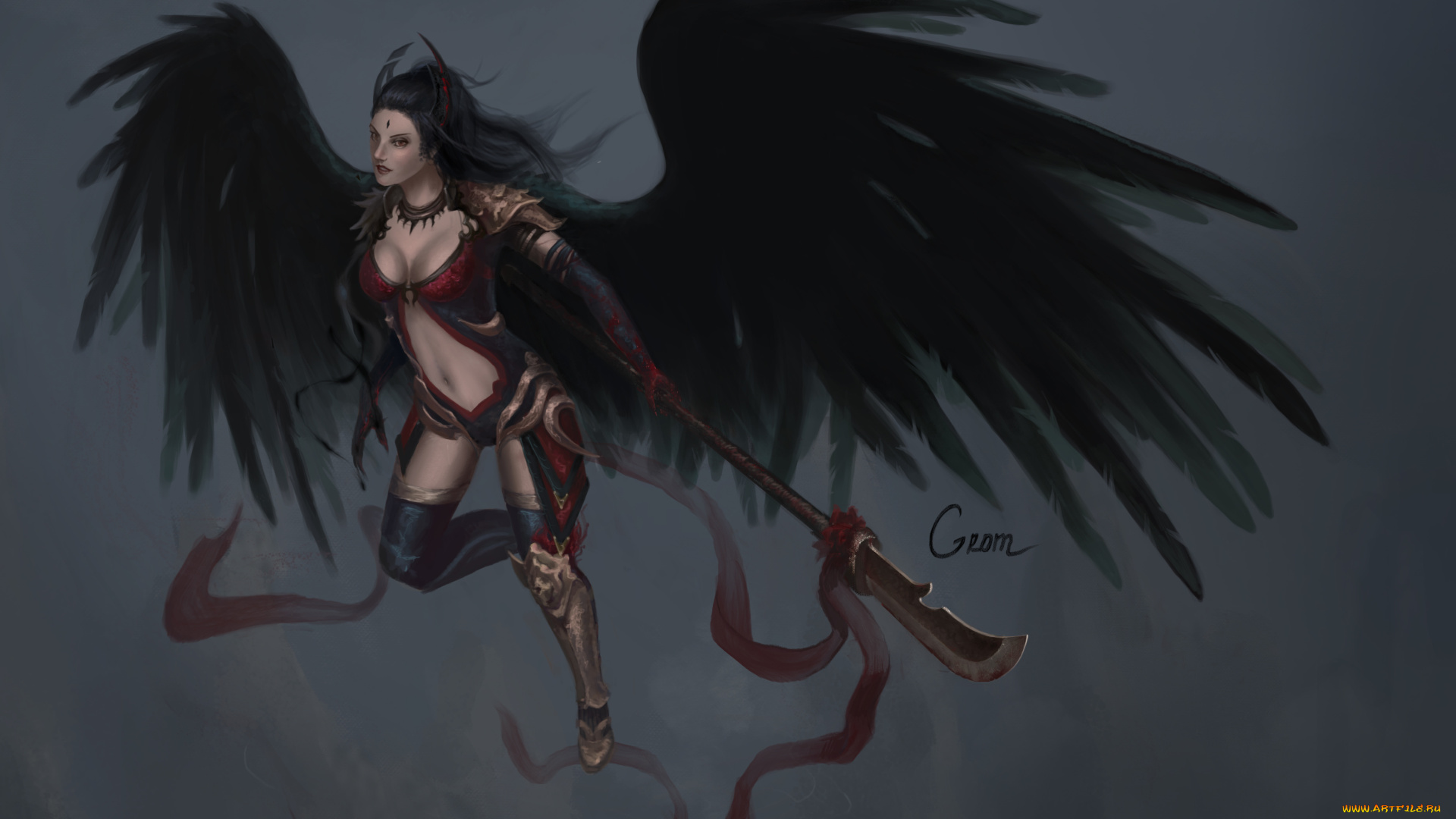 фэнтези, демоны, взгляд, девушка, арт, фон, оружие, падший, ангел, черные, крылья