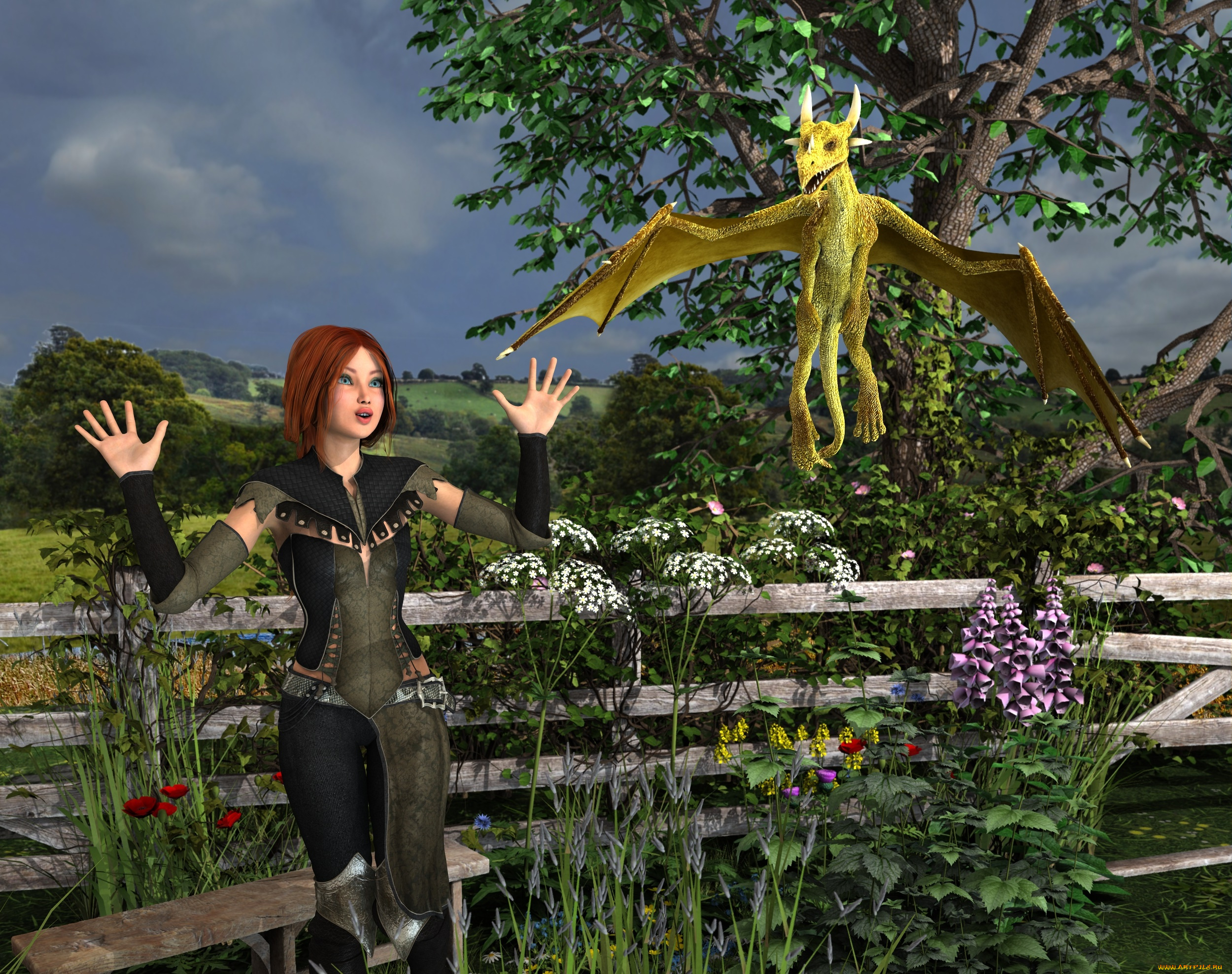 3д, графика, фантазия, , fantasy, дракон, фон, взгляд, девушка
