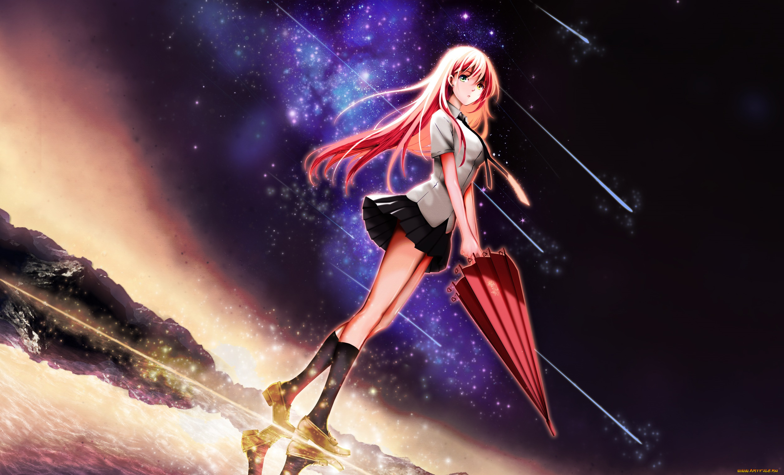 аниме, unknown, , другое, девушка, взгляд, фон, зонтик