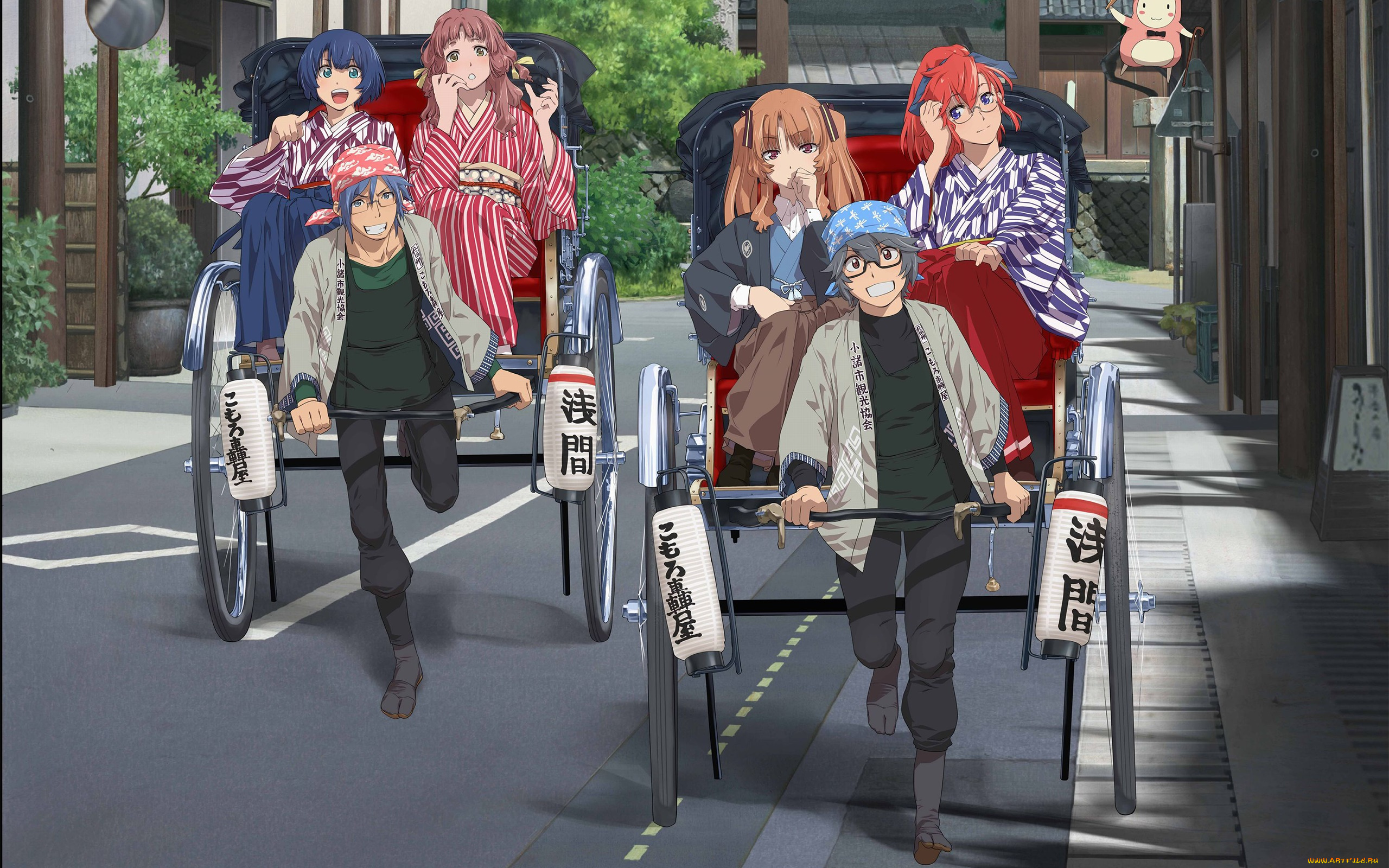 аниме, город, , улицы, , здания, рикши, фон, взгляд, девушки