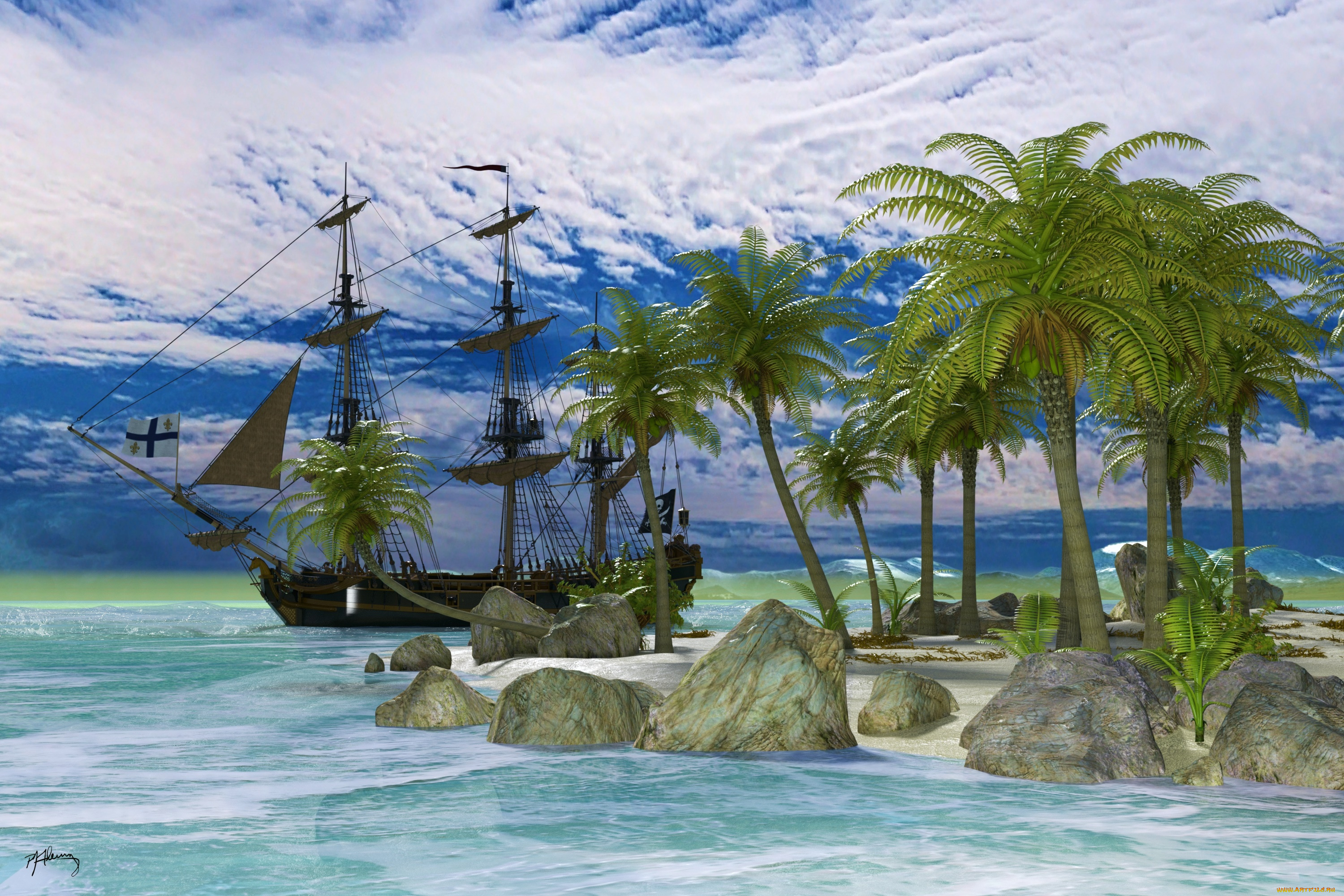 3д, графика, море, , sea, парусник, волны, облака, море