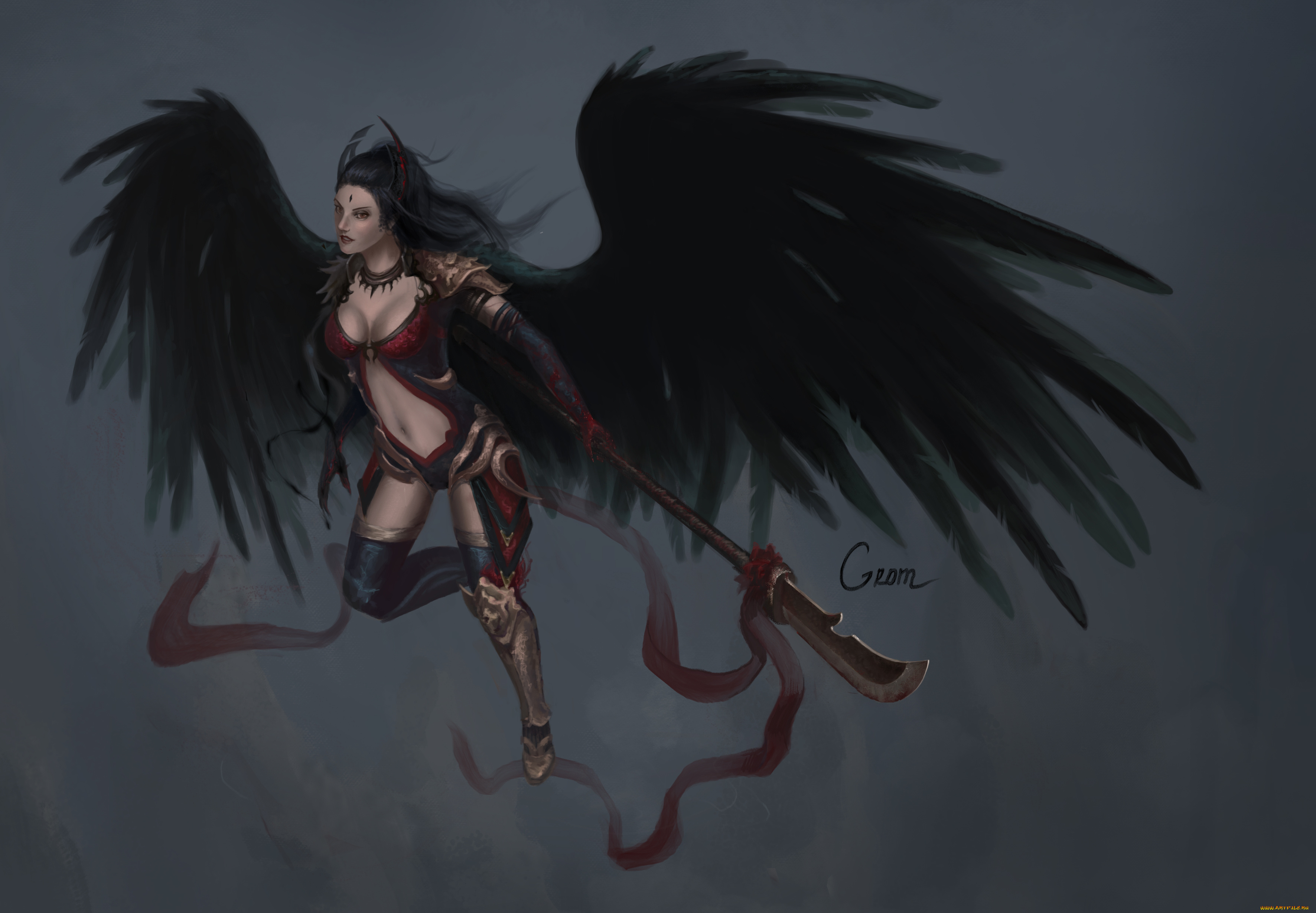фэнтези, демоны, взгляд, девушка, арт, фон, оружие, падший, ангел, черные, крылья