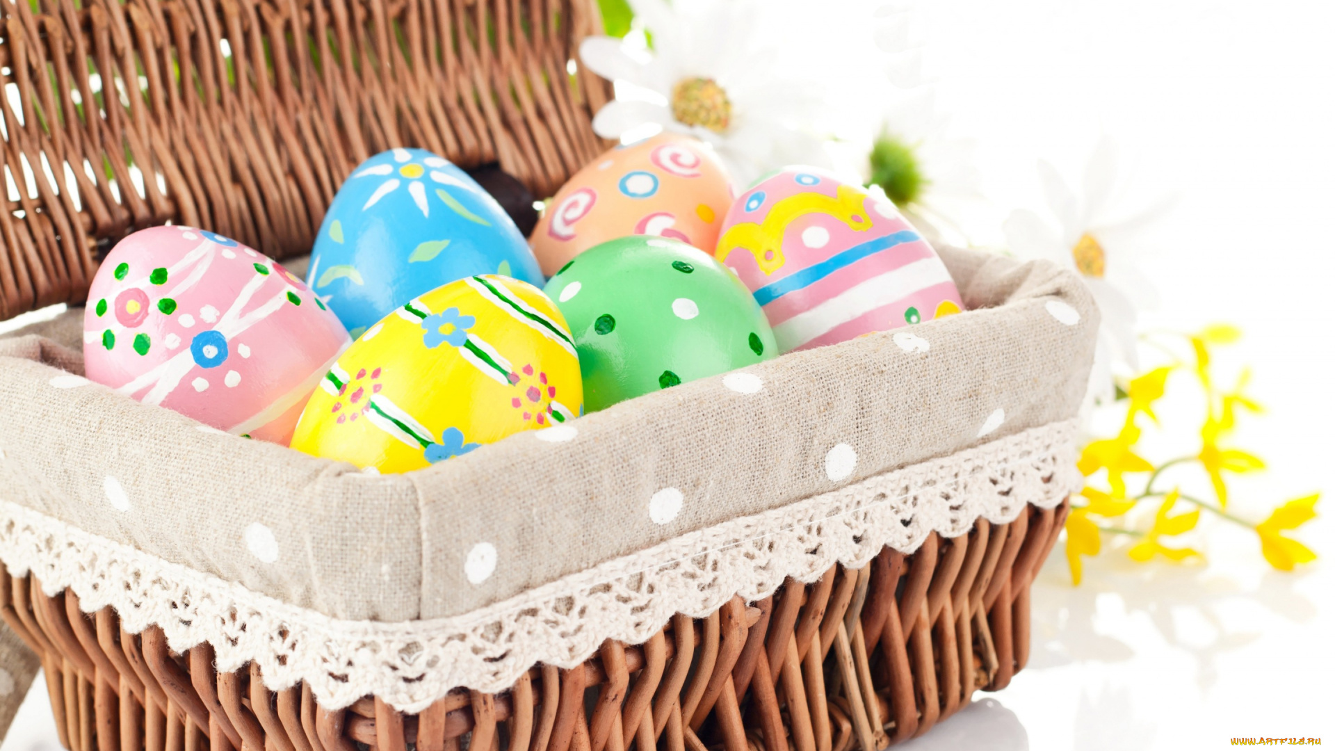 праздничные, пасха, фон, holidays, цветы, eggs, яйца, easter, colorful, wicker, крашенные, background, корзина, весна