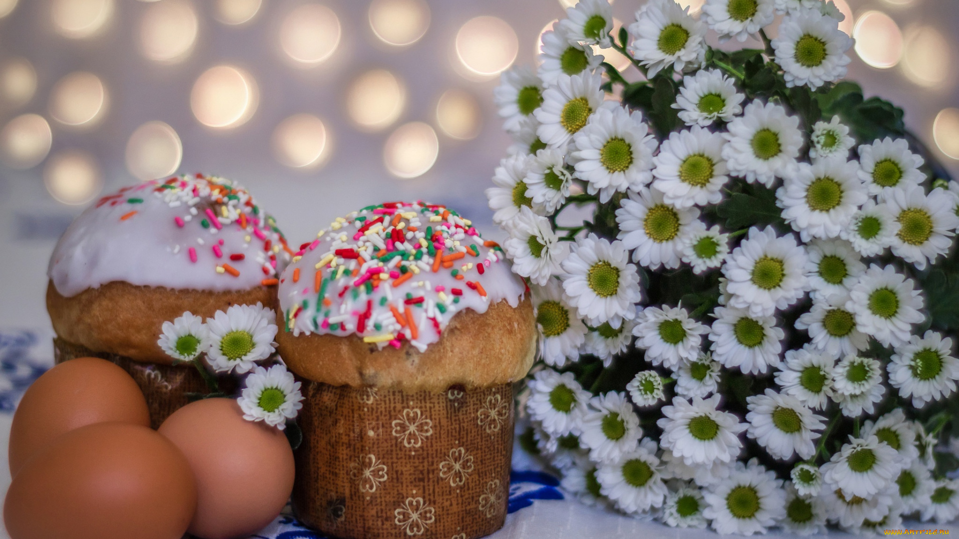 праздничные, пасха, яйца, куличи, воскресение, хризантемы, весна, цветы