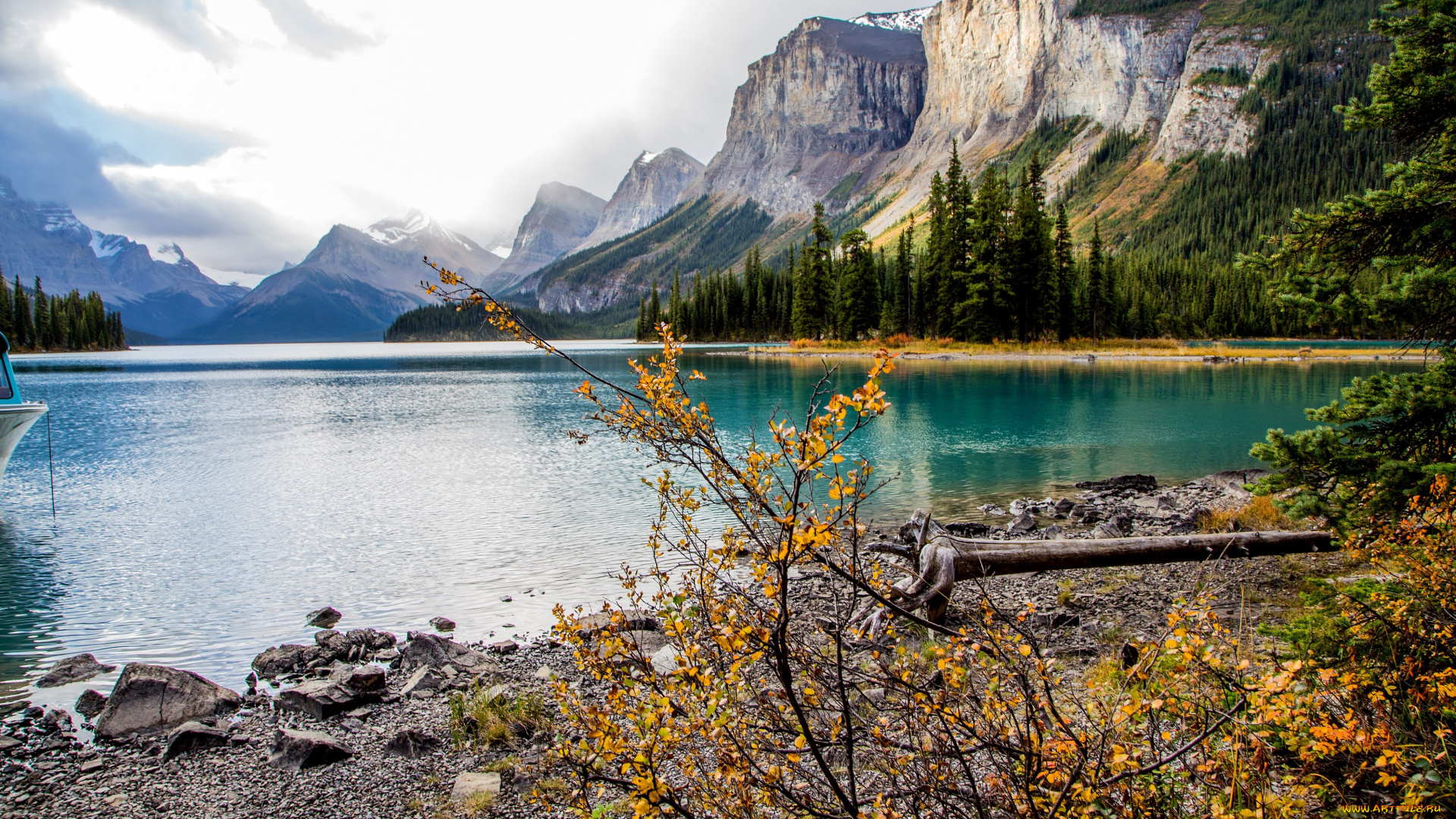 природа, горы, национальный, парк, джаспер, остров, спирит, на, озере, малайн, канада