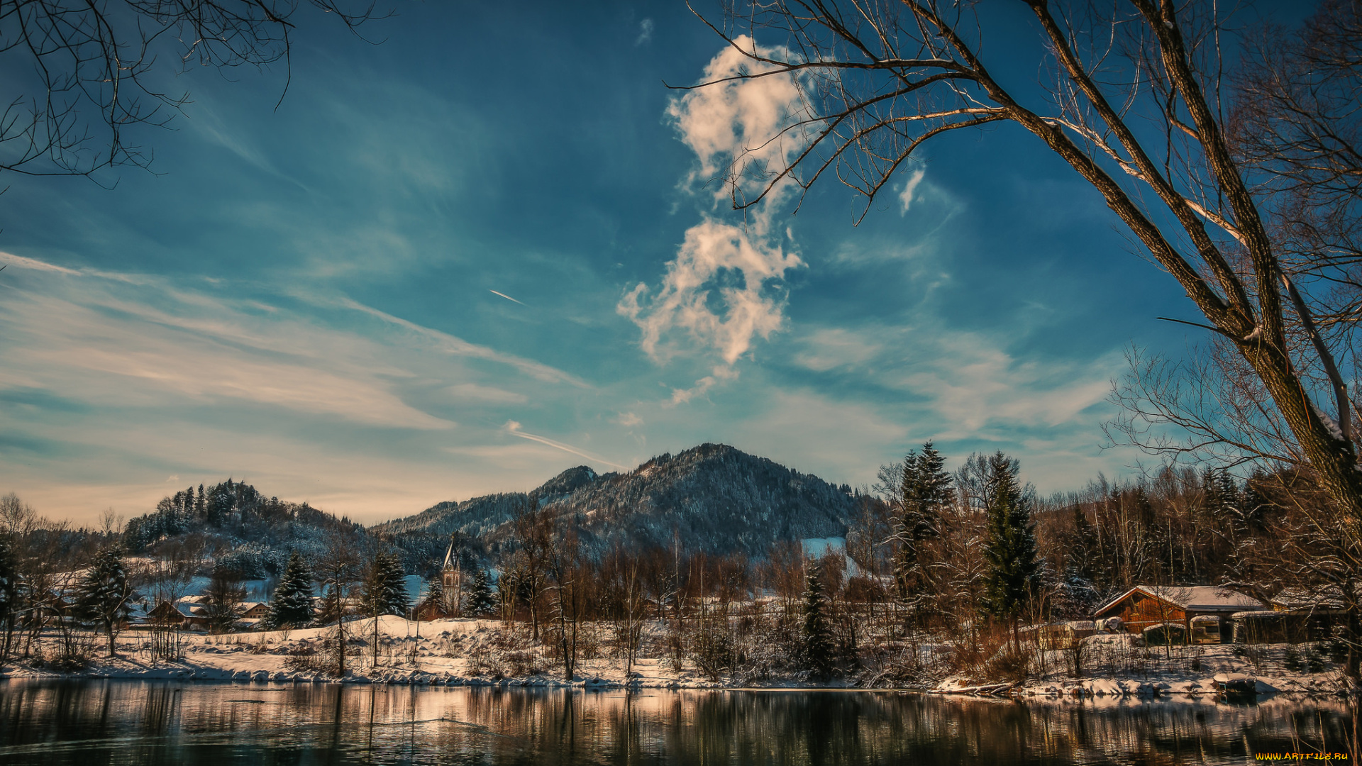 природа, пейзажи, небо, зима, горы, дом, озеро, снег, облака