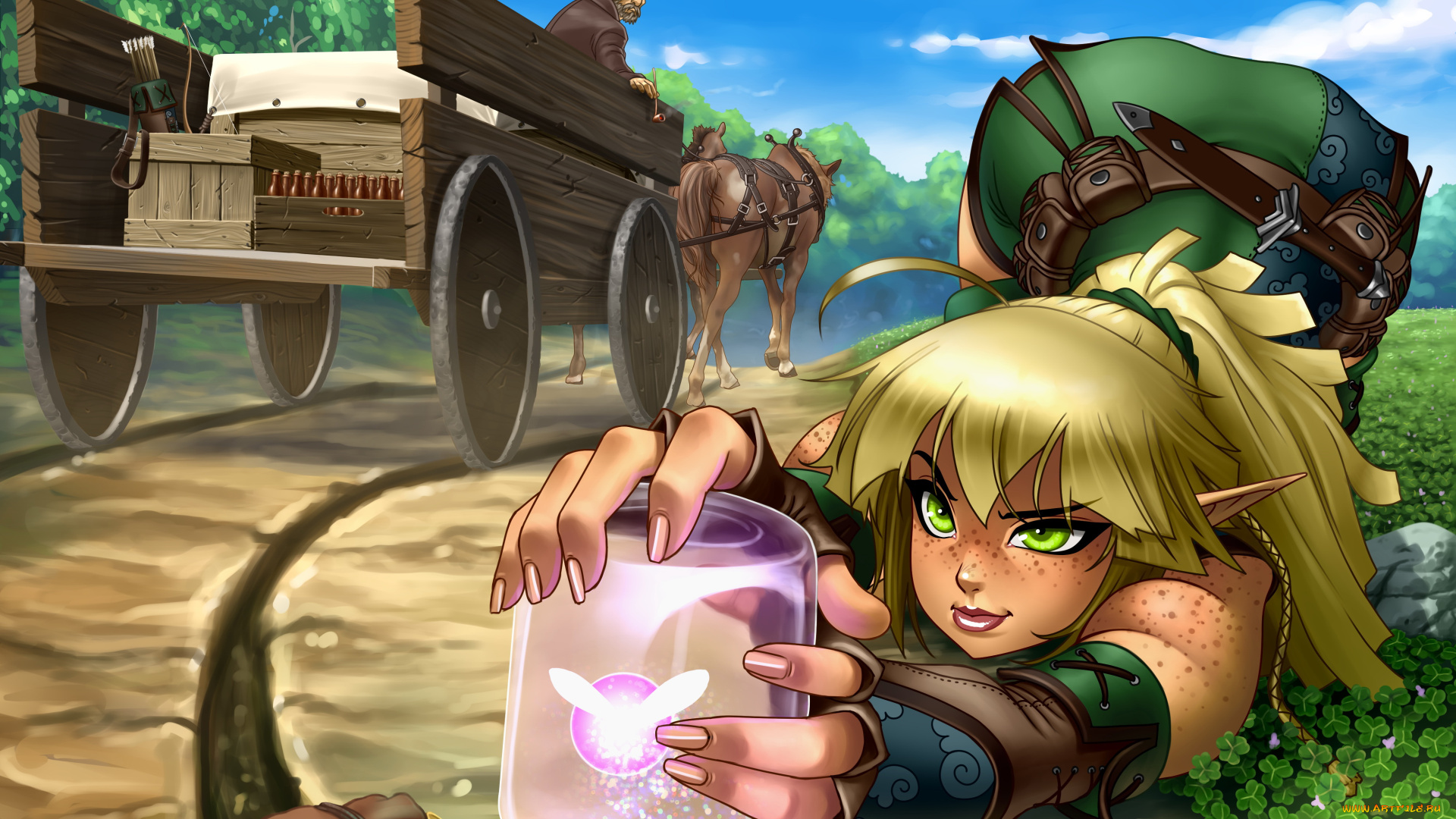 рисованное, комиксы, фон, мужчина, эльф, телега, бабочка, банка, взгляд, девушка