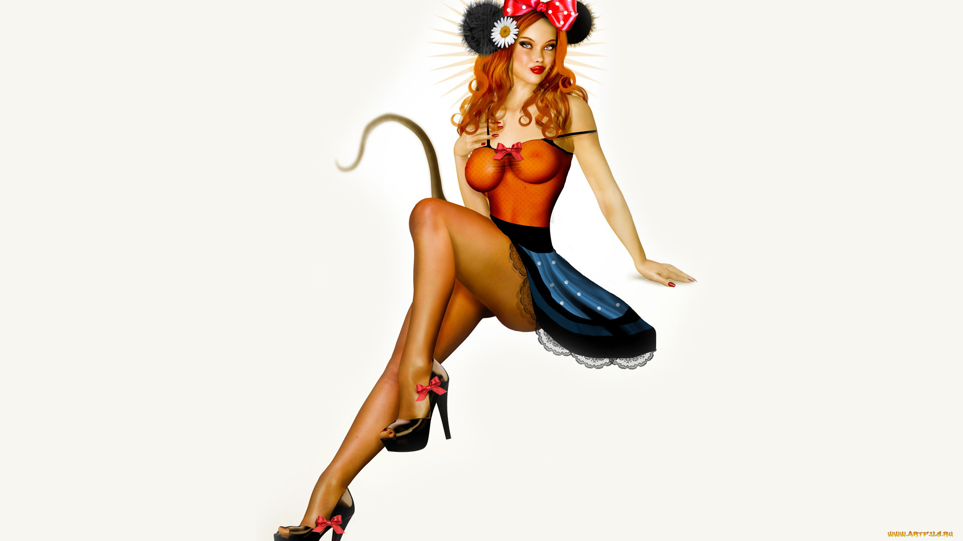 рисованное, люди, бант, фон, улыбка, девушка, взгляд, цветок