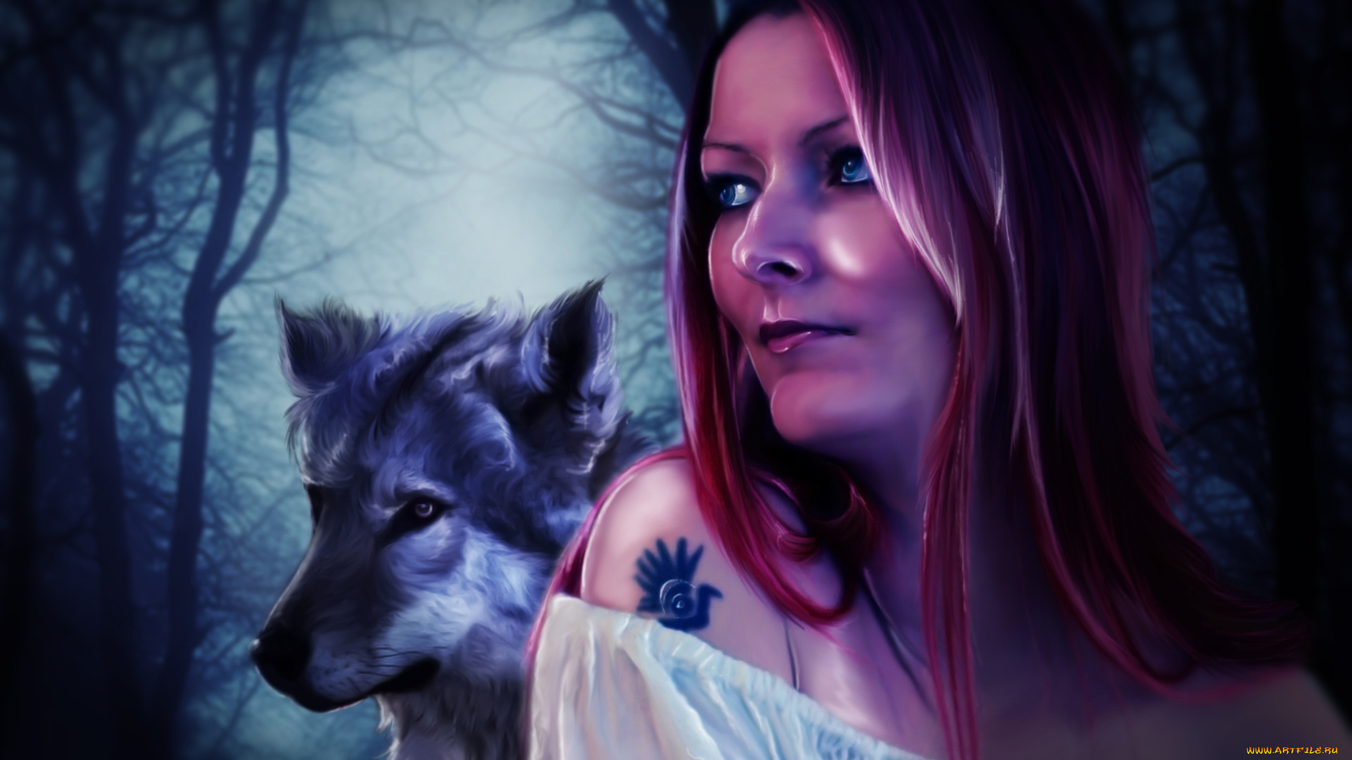 рисованное, люди, фон, девушка, тату, собак, взгляд