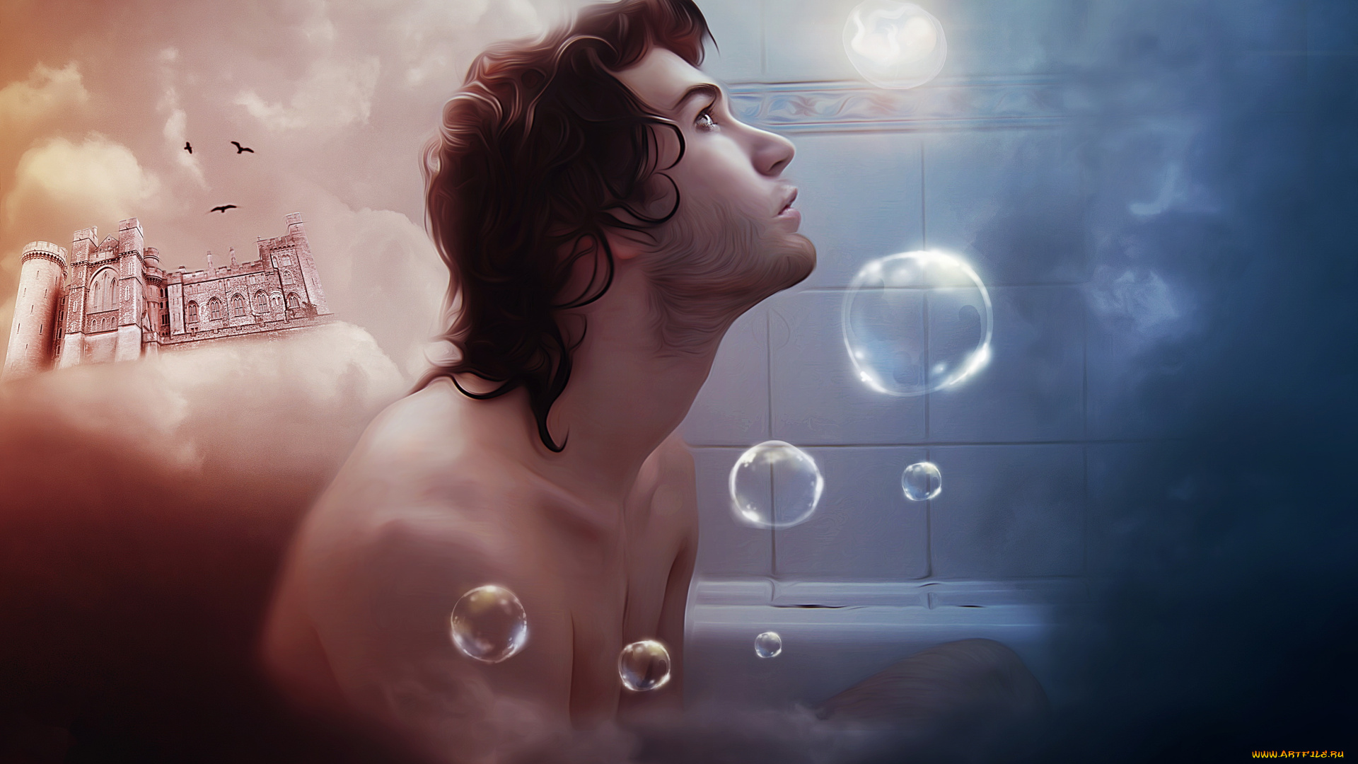 рисованное, люди, фон, мужчина, пузырь, ванная