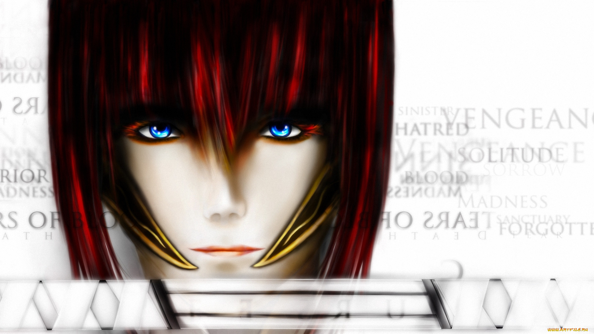 рисованное, люди, лицо, катана, арт, рыжая, девушка, меч, надписи