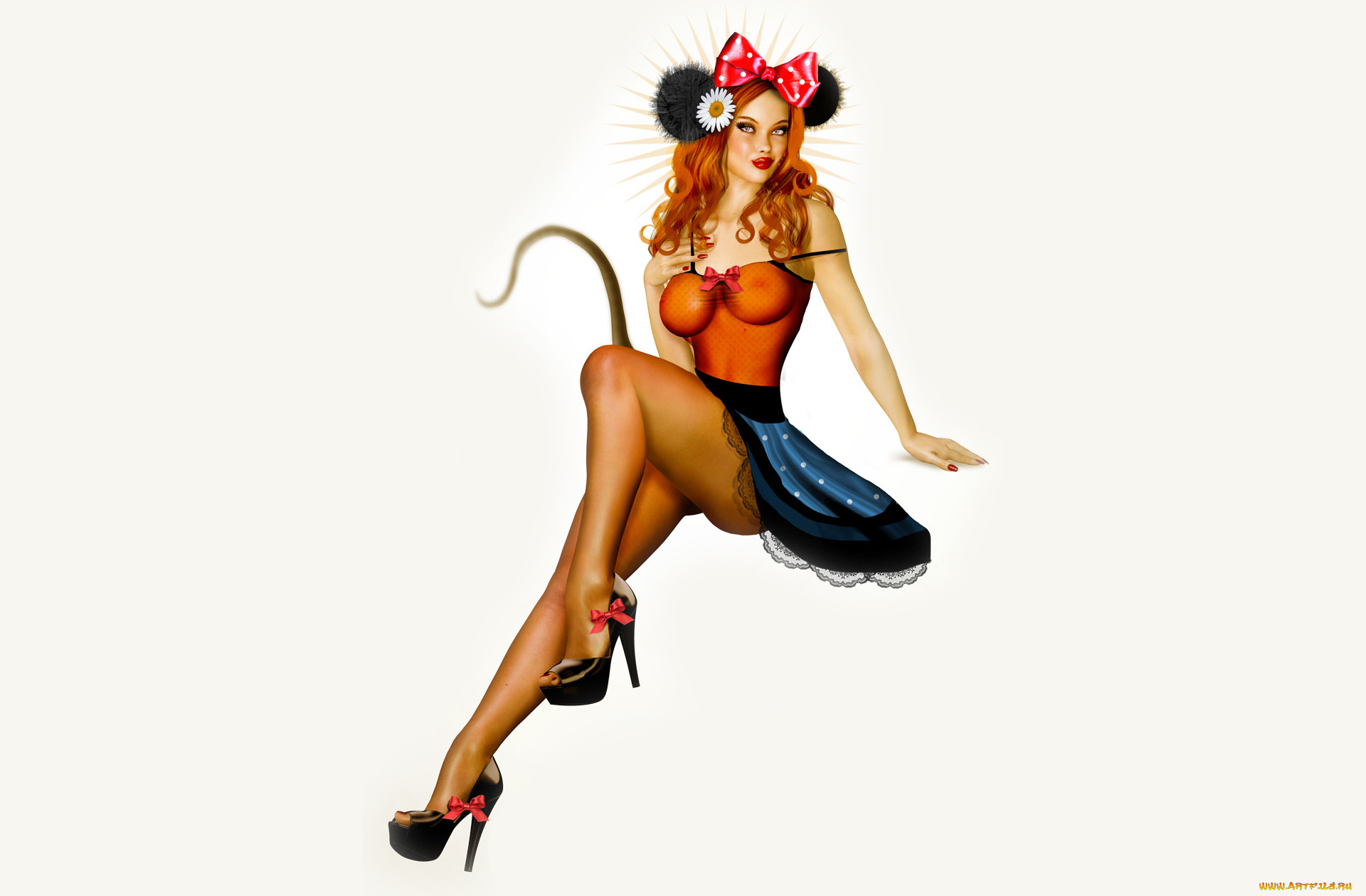 рисованное, люди, бант, фон, улыбка, девушка, взгляд, цветок