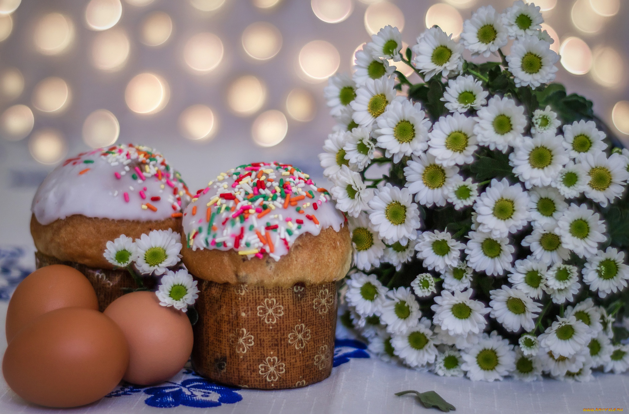 праздничные, пасха, яйца, куличи, воскресение, хризантемы, весна, цветы