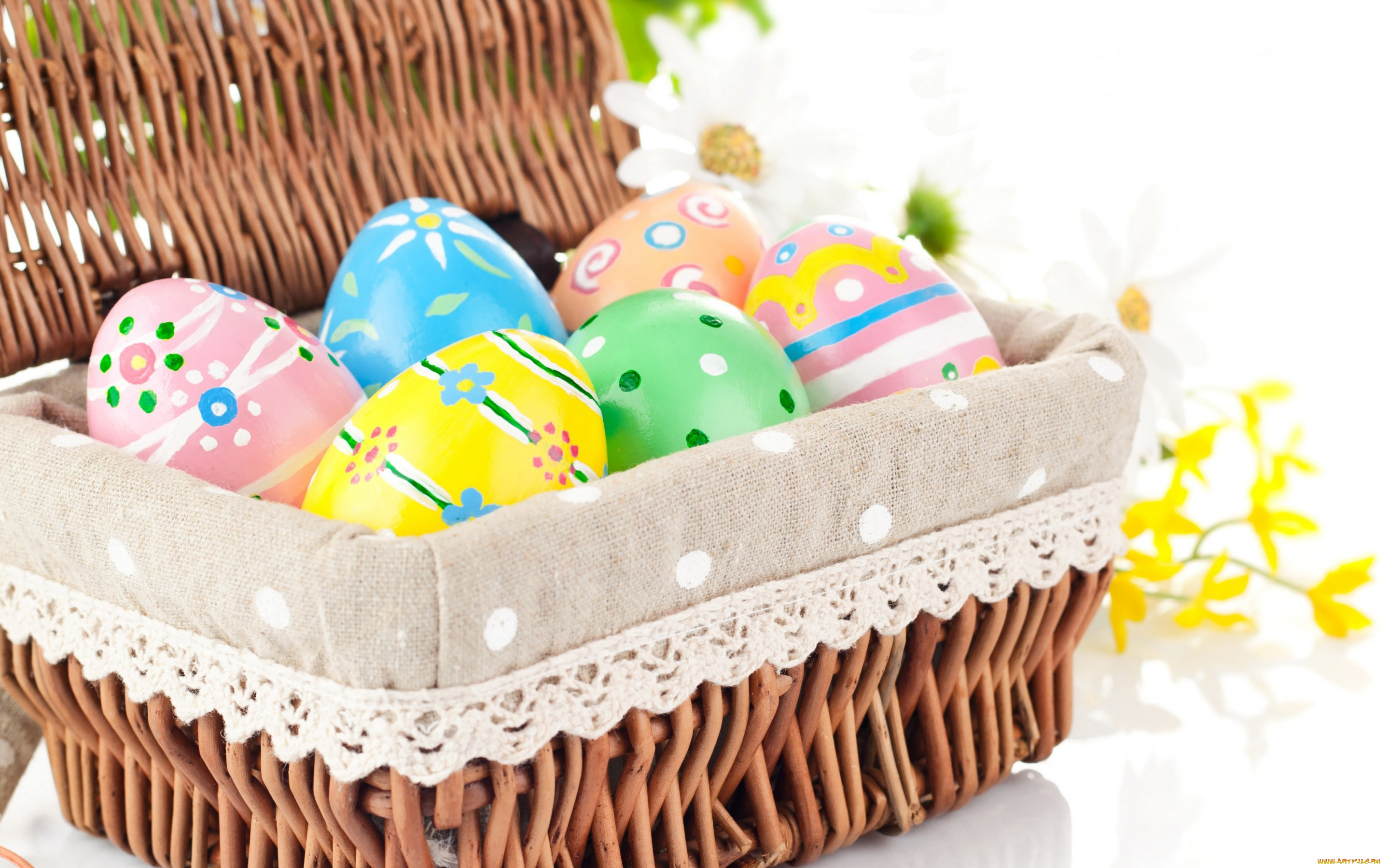праздничные, пасха, фон, holidays, цветы, eggs, яйца, easter, colorful, wicker, крашенные, background, корзина, весна