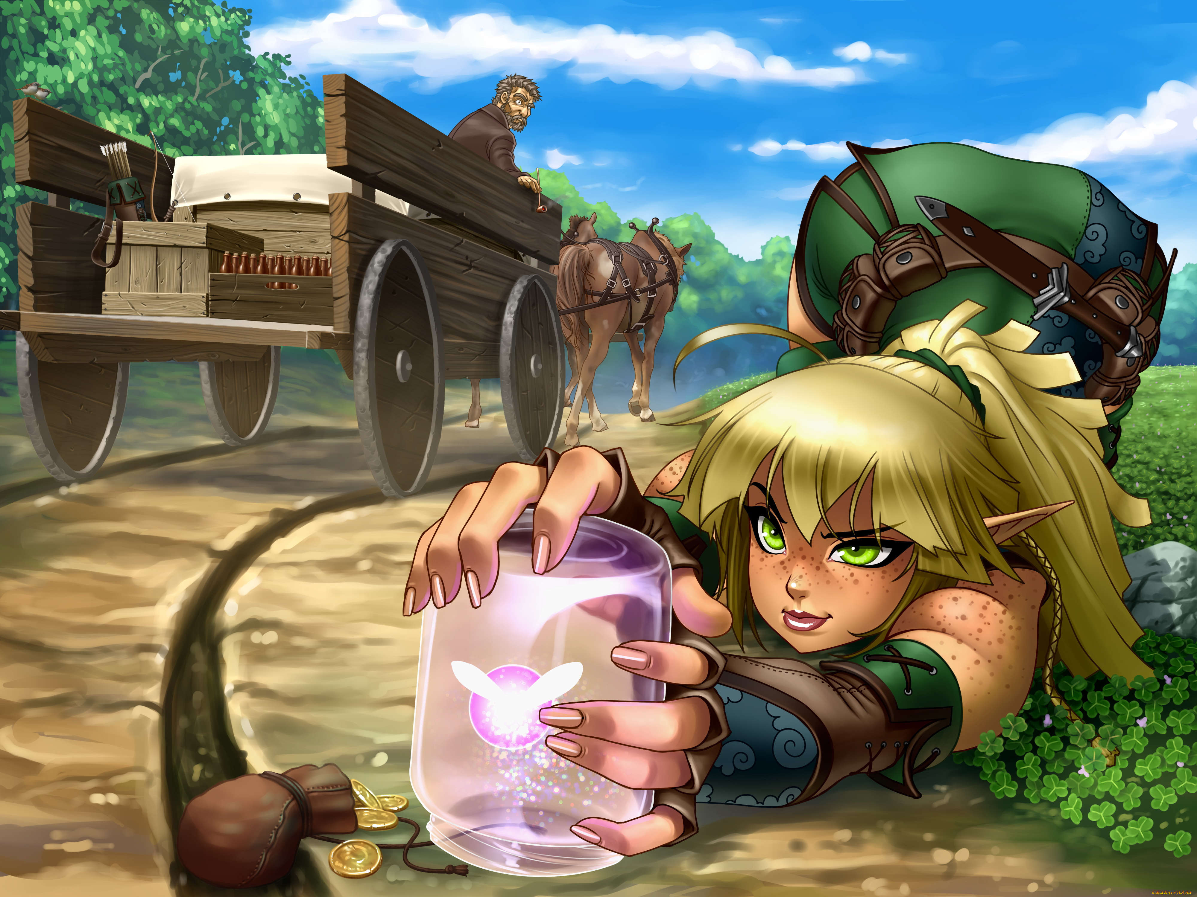 рисованное, комиксы, фон, мужчина, эльф, телега, бабочка, банка, взгляд, девушка