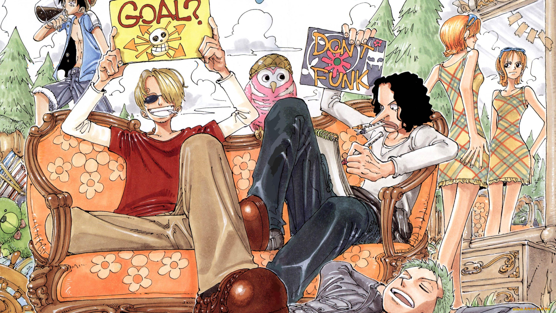 аниме, one, piece, таблички, зеркало, люди, диван