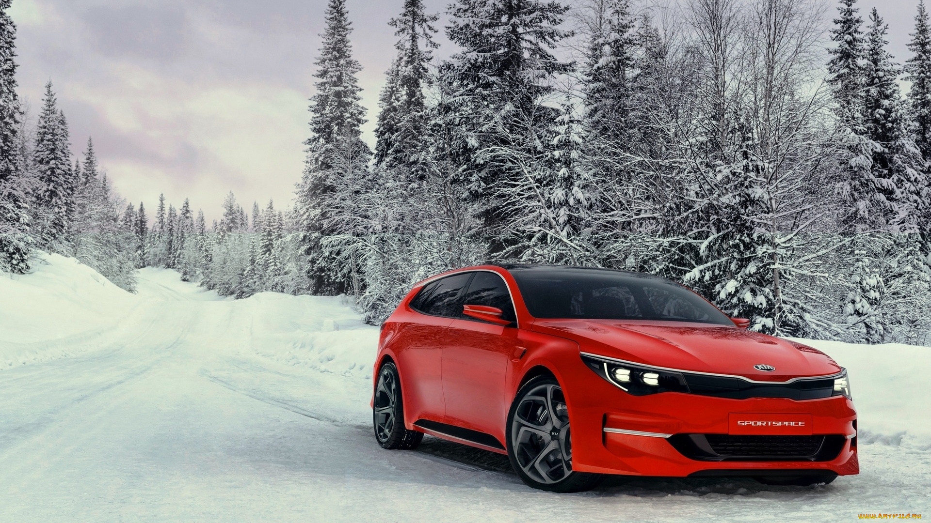 автомобили, kia, лес, зима, снег, красный, дорога, sportspace, concept, киа