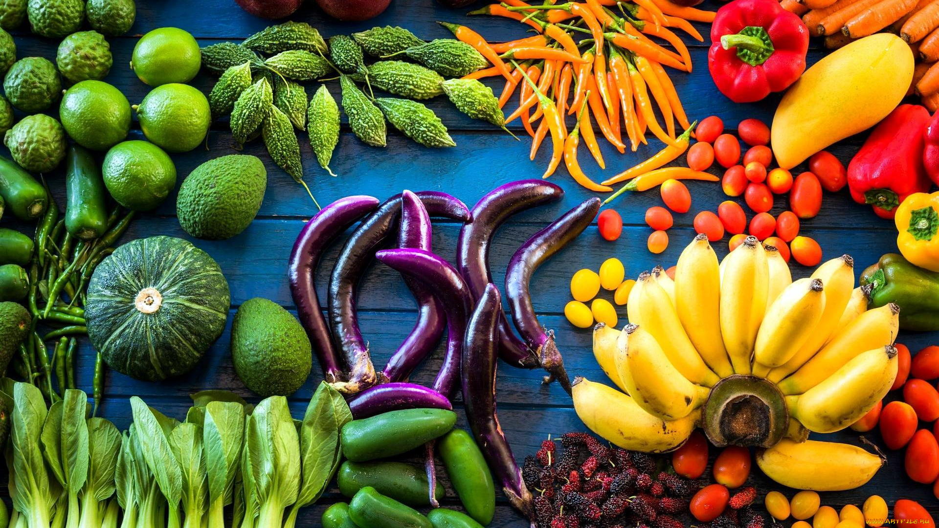 еда, фрукты, и, овощи, вместе, перец, баклажан, бананы, лайм