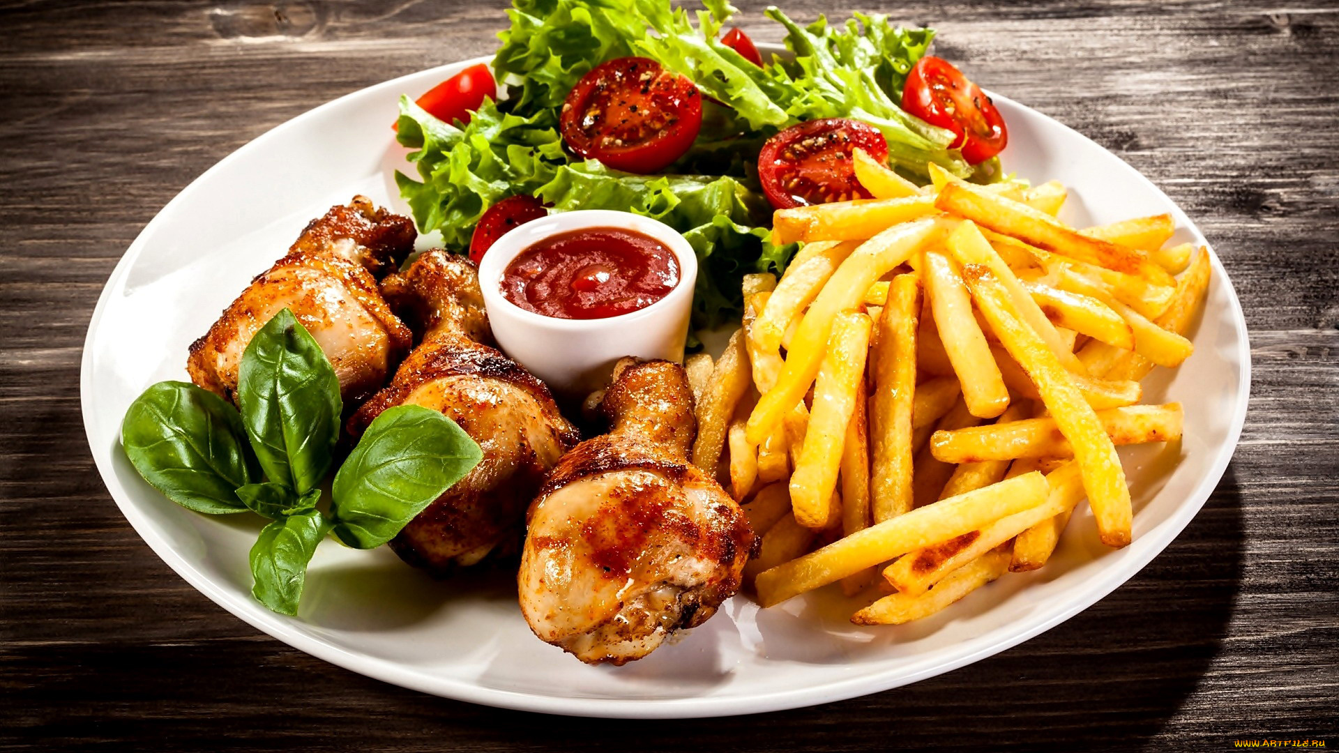 еда, мясные, блюда, картофель, салат, фри, базилик, курица