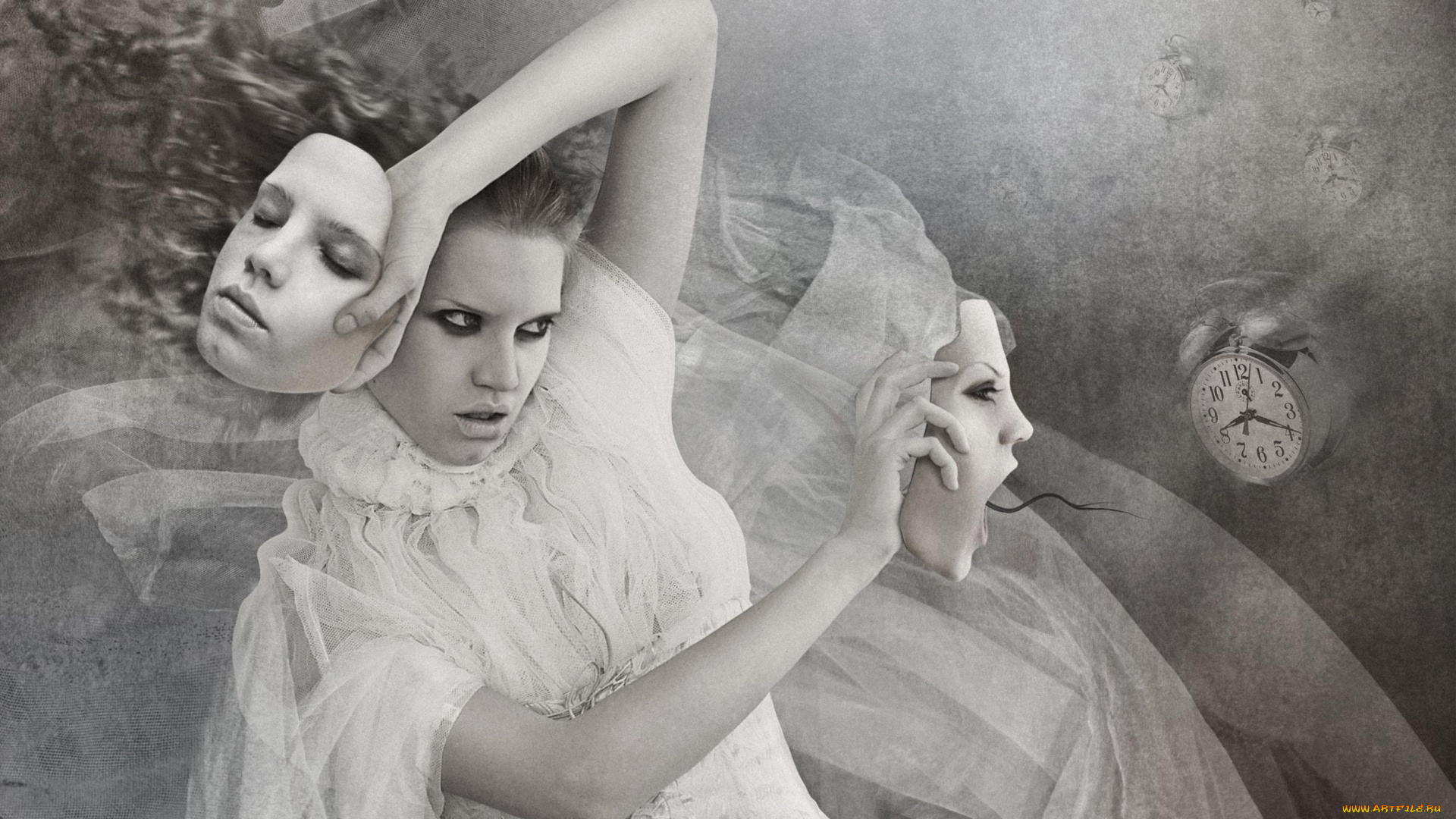 фэнтези, фотоарт, будильник, черно-белая, маски, лица, девушка
