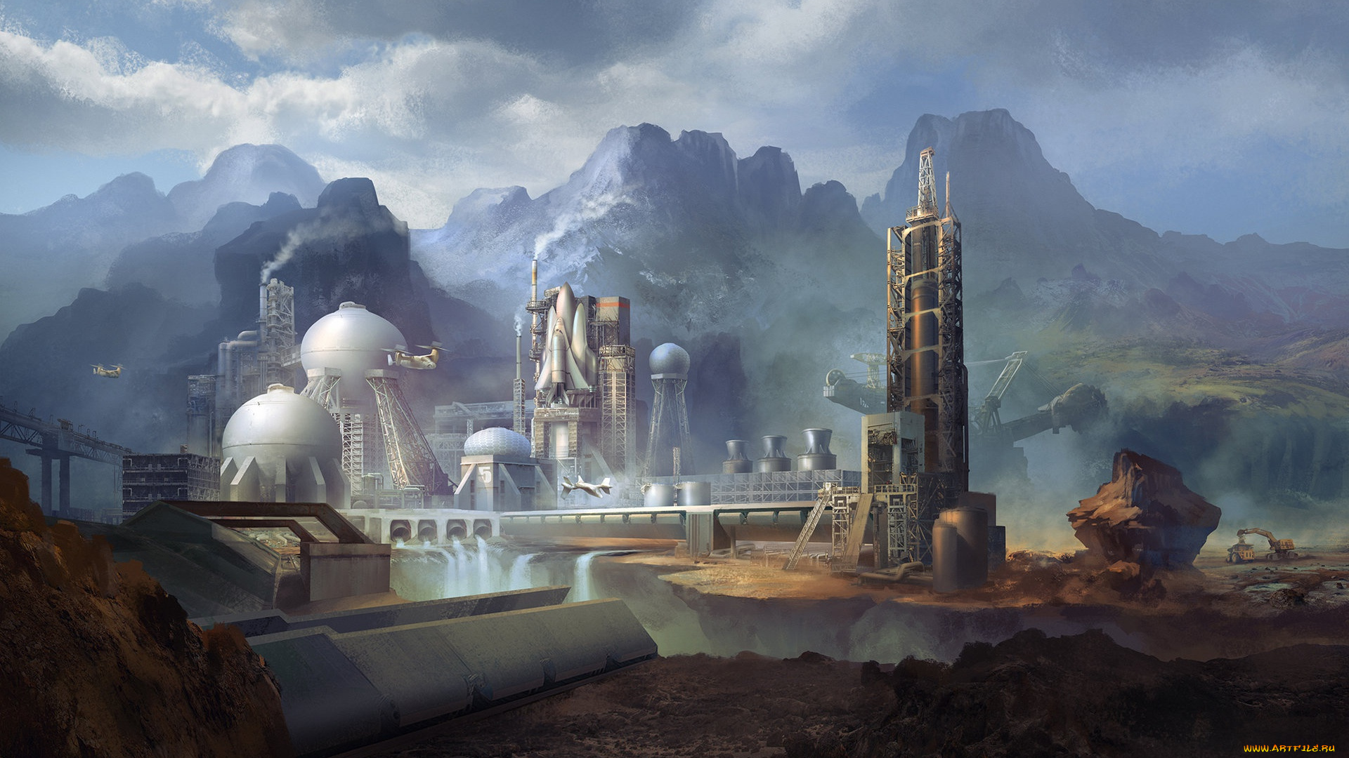 фэнтези, иные, миры, , иные, времена, горы, station, водопад, плотина, космодром