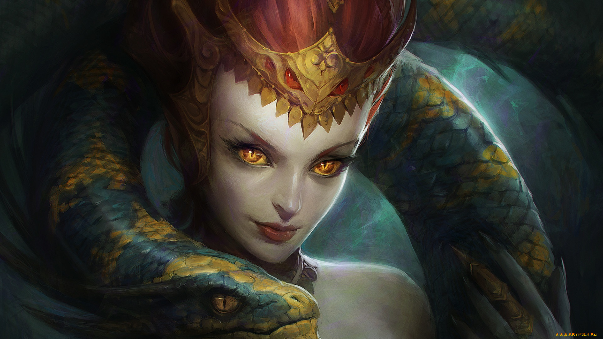 фэнтези, красавицы, и, чудовища, змея, взгляд, девушка, арт