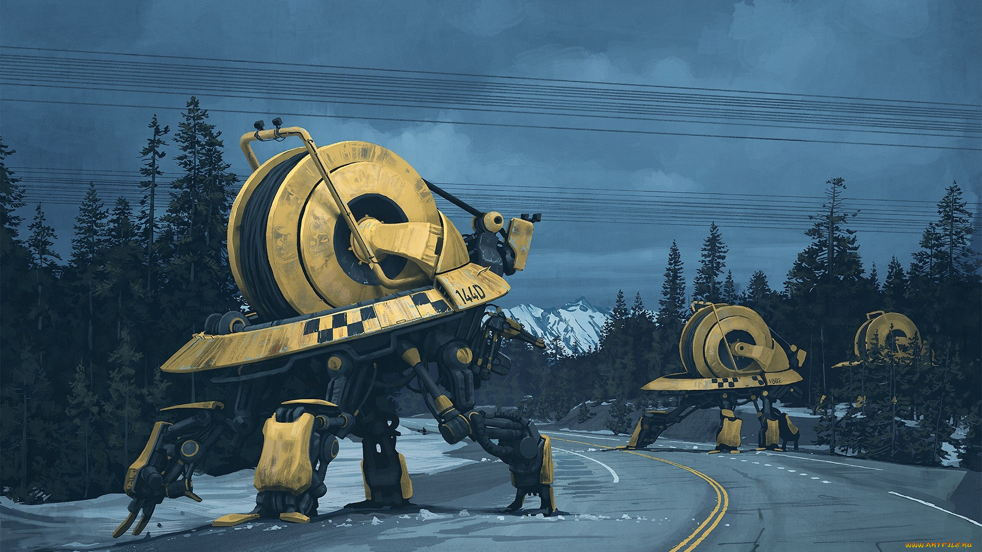 фэнтези, роботы, , киборги, , механизмы, лес, горы, машины, cablers, дорога