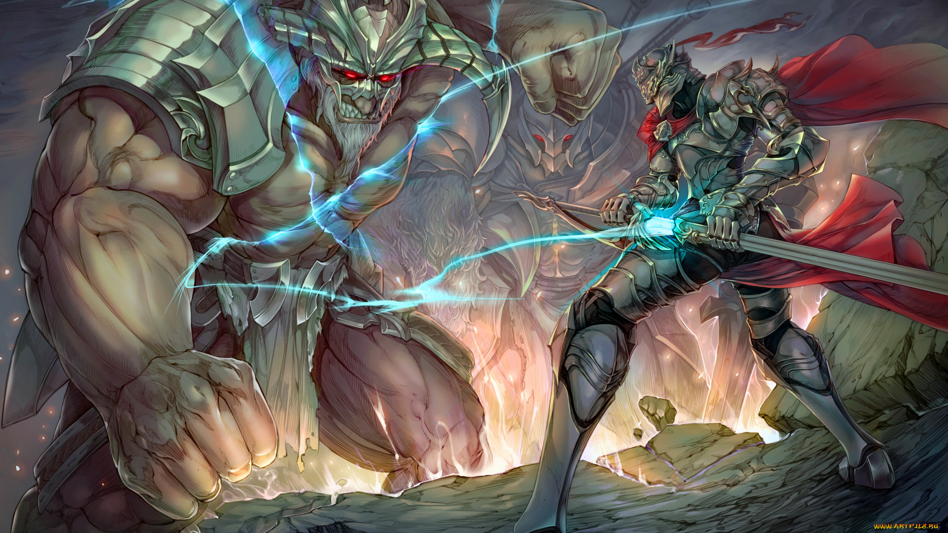 фэнтези, существа, меч, битва, воин, шлем, доспех, монстр, чудовище, фантазия