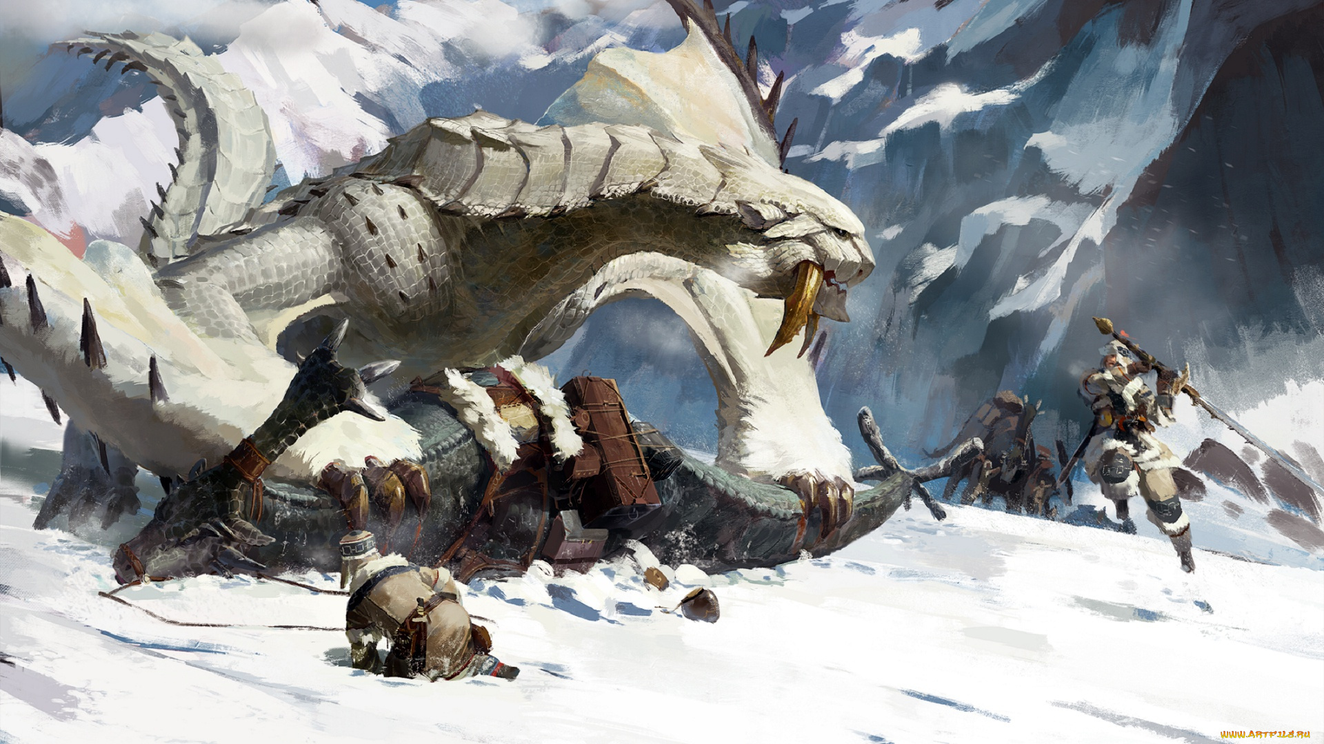 фэнтези, существа, warriors, rock, monster, fantasy, sword, art, mountain, digital, weapons, snowfall, battle, snow, artwork