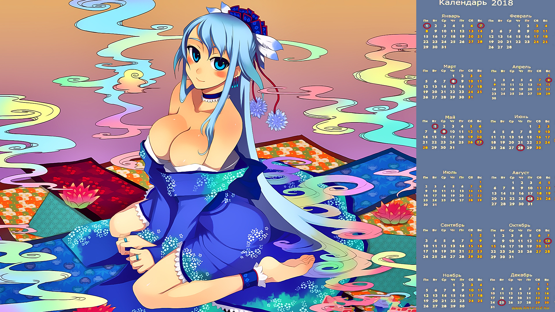 календари, аниме, цветы, взгляд, девушка