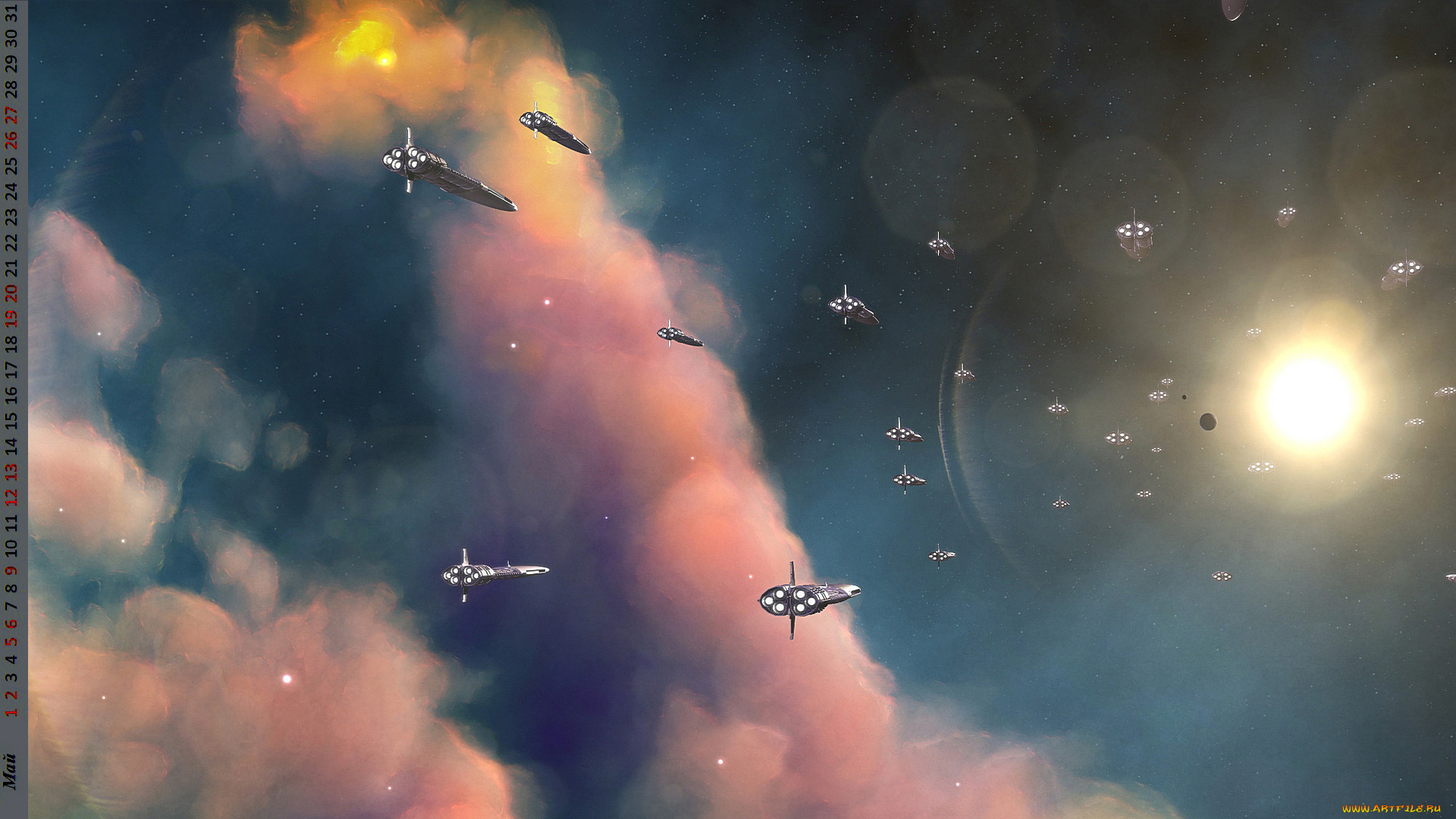 календари, фэнтези, корабль, облака, полет