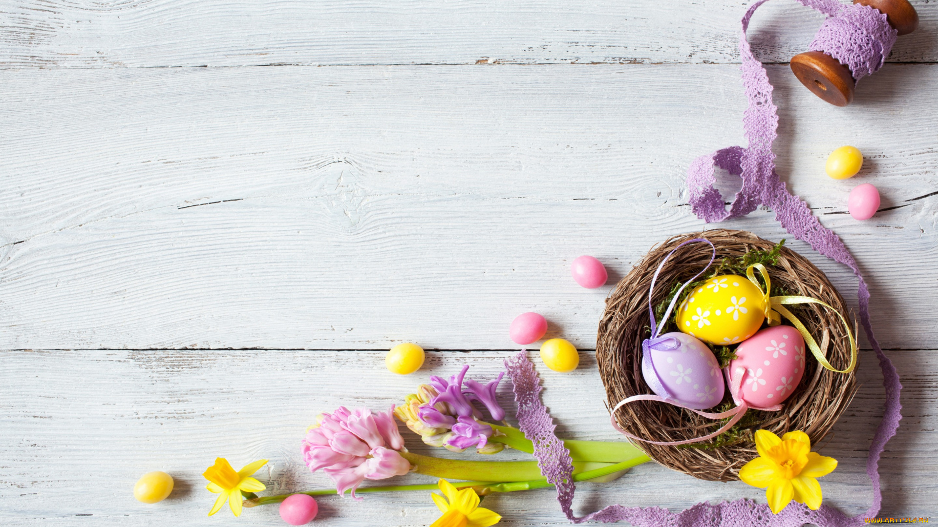 праздничные, пасха, flowers, eggs, праздник, easter, wood, декор, candy