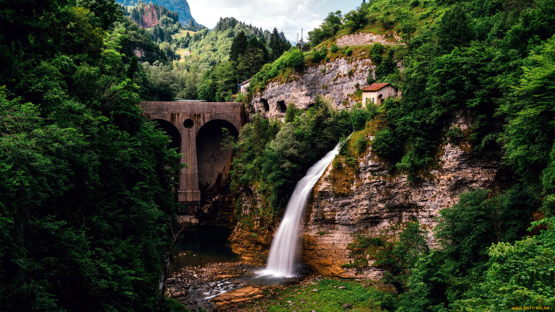 природа, водопады, горы, мост, водопад