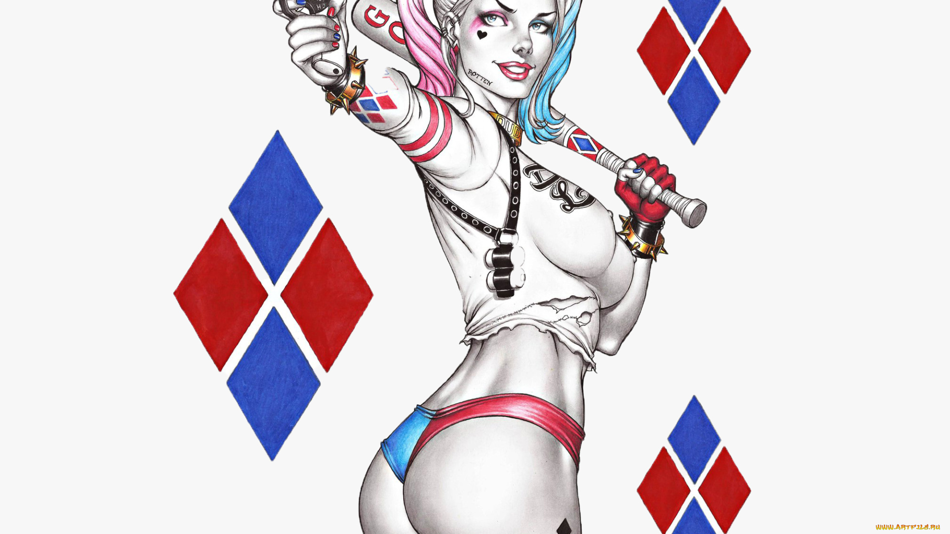 рисованное, комиксы, бита, взгляд, пистолет, фон, девушка