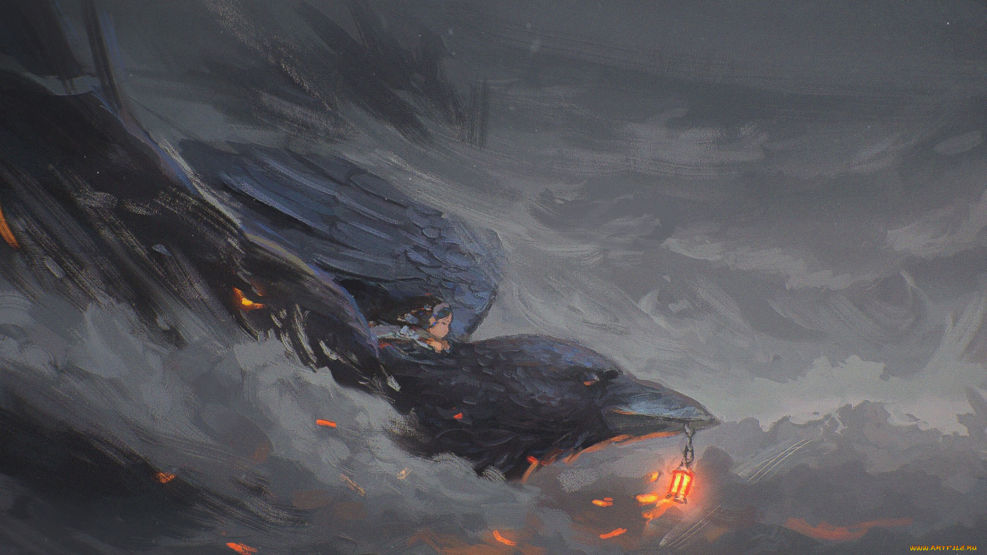 рисованное, животные, , птицы, клюв, арт, девочка, фонарь, птица, ворона, ворон, дым